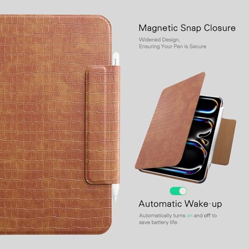 CoBak Magnetic Case with Stand for iPad Pro 13 Inch (M4) 2024, Multiple Viewing Angles, Smart Auto Sleep/Wake Cover with Corner Protection with Apple Pencil Holder Strap, Amber Croc