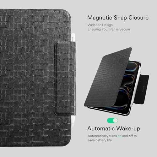CoBak Magnetic Case with Stand for iPad Pro 13 Inch (M4) 2024, Multiple Viewing Angles, Smart Auto Sleep/Wake Cover with Corner Protection with Apple Pencil Holder Strap, Onyx Croc
