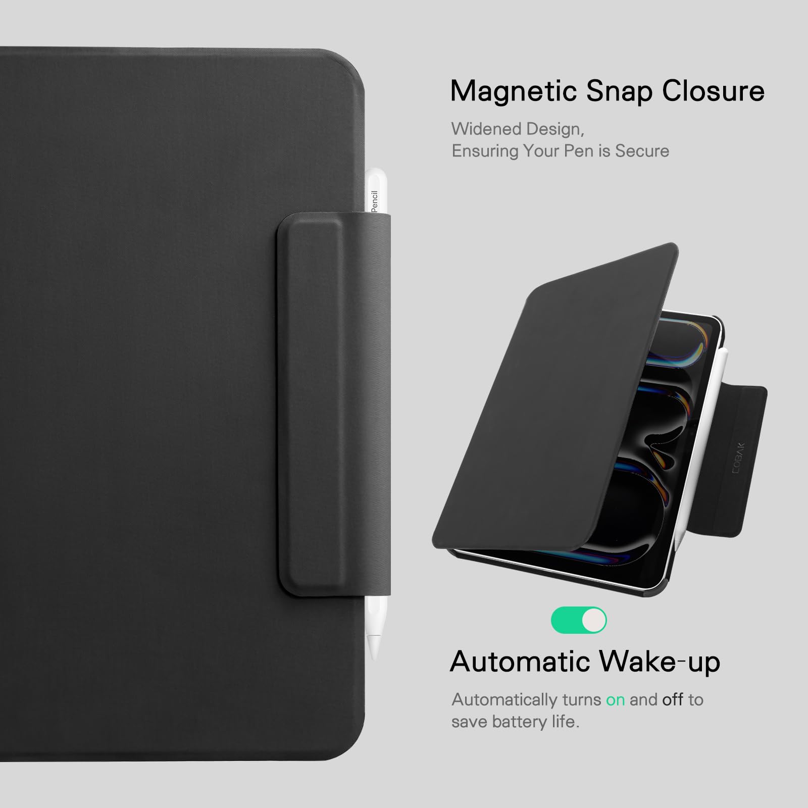 CoBak Magnetic Case with Stand for iPad Pro 11 Inch (M4) 2024, Multiple Viewing Angles, Smart Auto Sleep/Wake Cover with Corner Protection with Apple Pencil Holder Strap, Matte Black