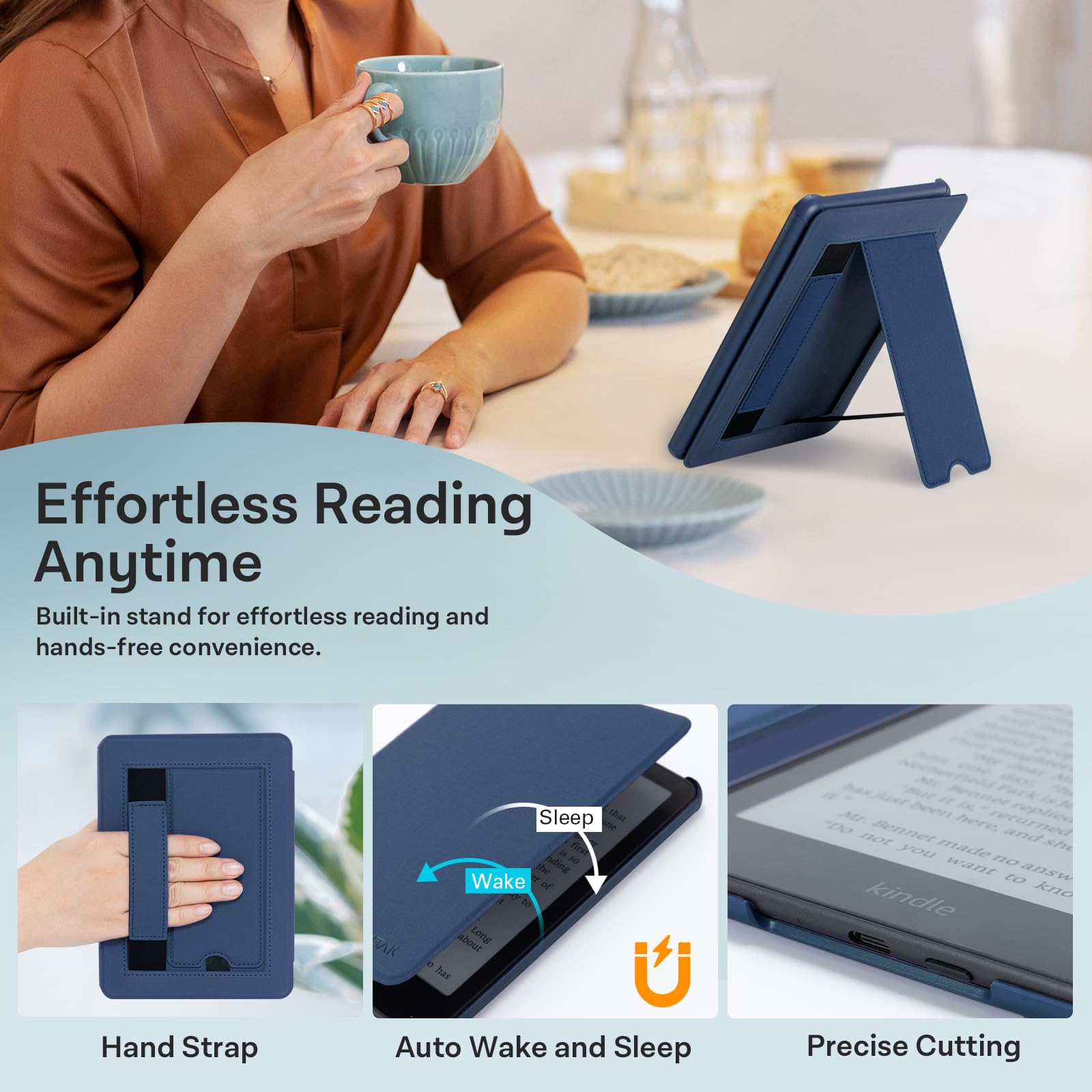 CoBak Lightweight Stand Case for 7" Kindle Paperwhite 12th Gen 2024 and Kindle Colorsoft with Right Hand Strap - Compatible with iPhone MagSafe, for Samsung/Belkin/Anker Wireless Charging Pads