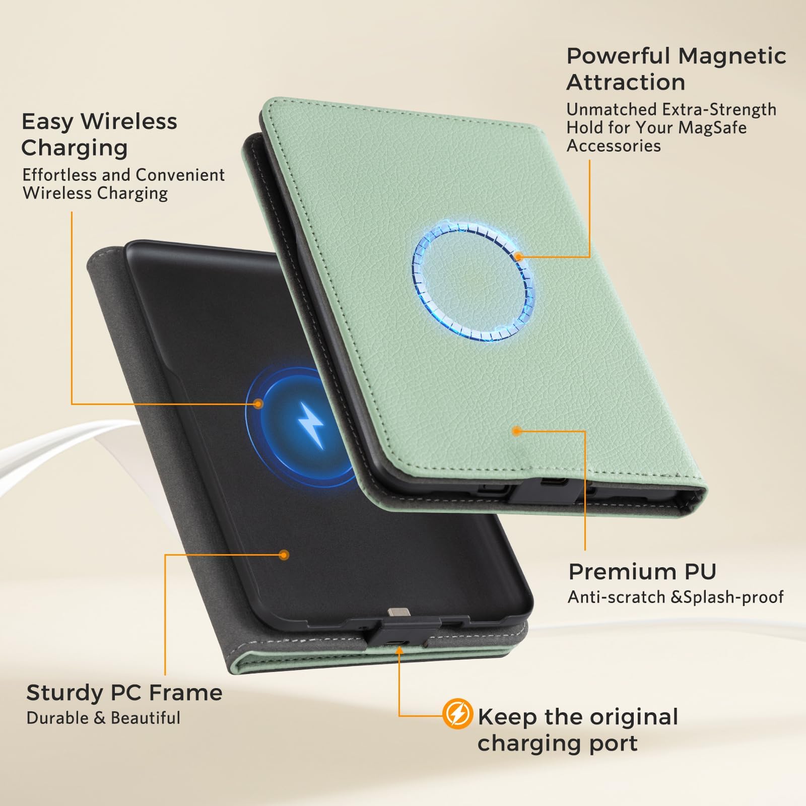CoBak Wireless Charging Case for 6 Inch Kindle 2024 and 2022 (11 GEN) with Stand and Hand Strap - Compatible with iPhone MagSafe, for Samsung/Belkin/Anker Wireless Charging Pads, Auto Sleep Wake, Sage