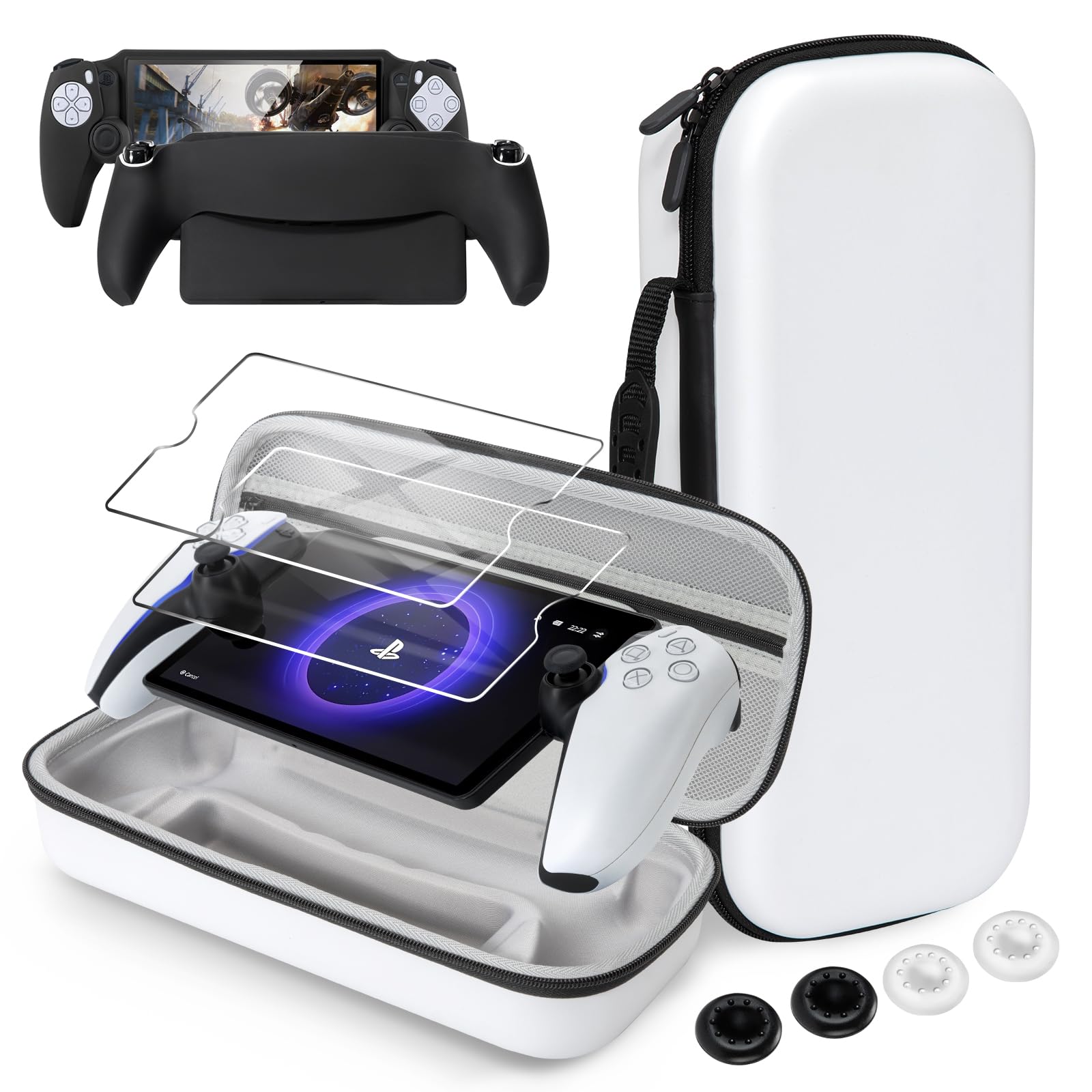 CoBak Hard Carrying Shell Case for PlayStation Portal Remote Player - with 2 Screen Protector, 1 Grip Case, 4 Thumb Grip Caps, Hard Outer Cover for PS5 Portal, White