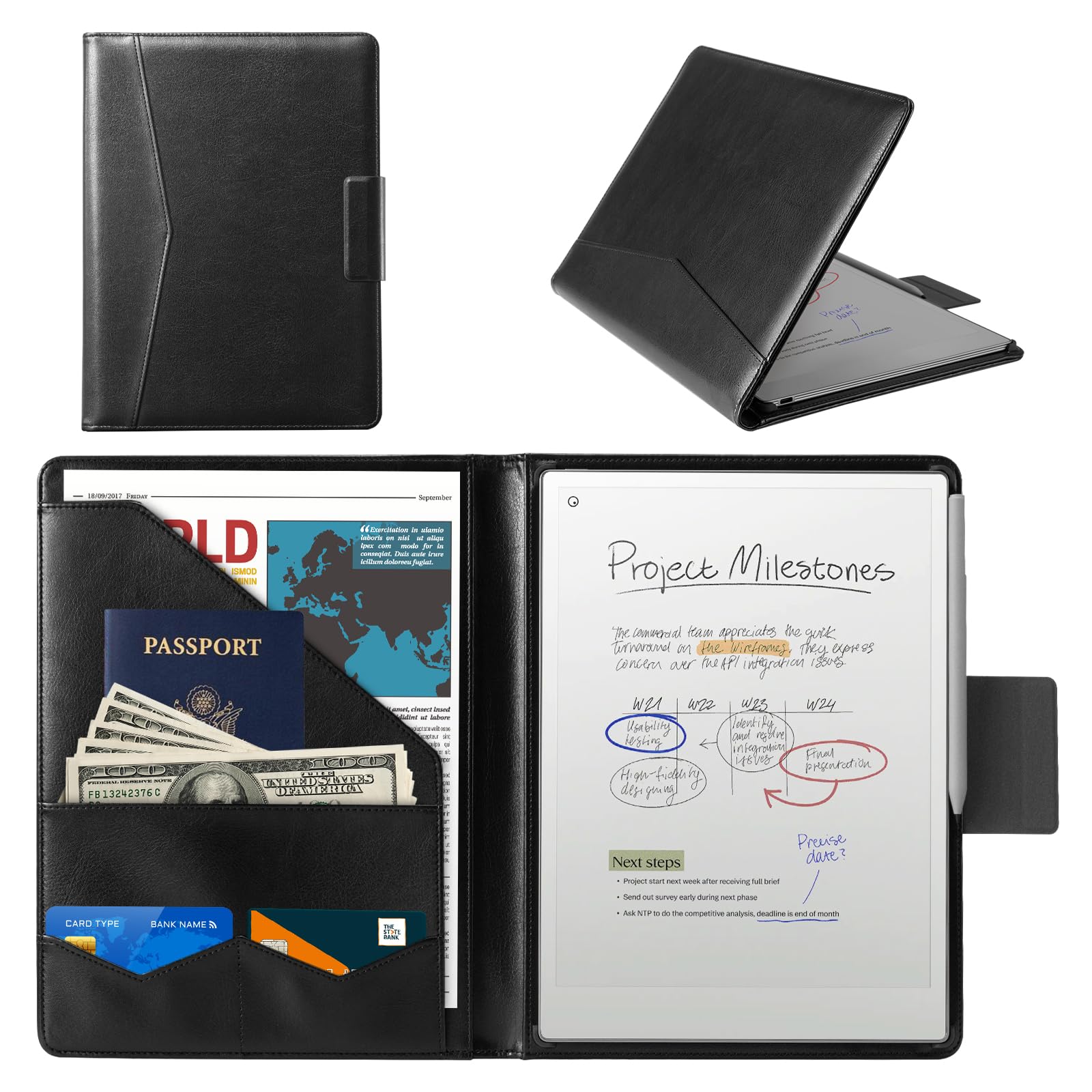 CoBak Premium PU Leather Case for Remarkable Paper Pro 11.8" (2024) – Slim Magnetic Back Cover with Auto Sleep/Wake, Folder Design, Magnetic Pen Holder Strap, Black Leather