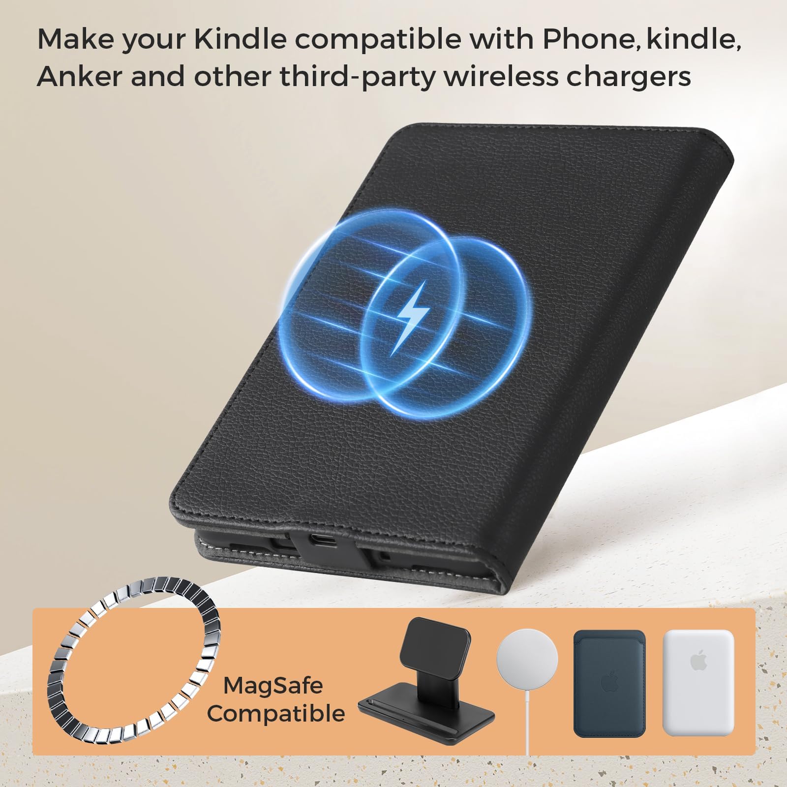 CoBak Wireless Charging Case for 6 Inch Kindle 2024 and 2022 (11 GEN) with Stand and Hand Strap - Compatible with iPhone MagSafe, for Samsung/Belkin/Anker Wireless Charging Pads, Auto Sleep Wake