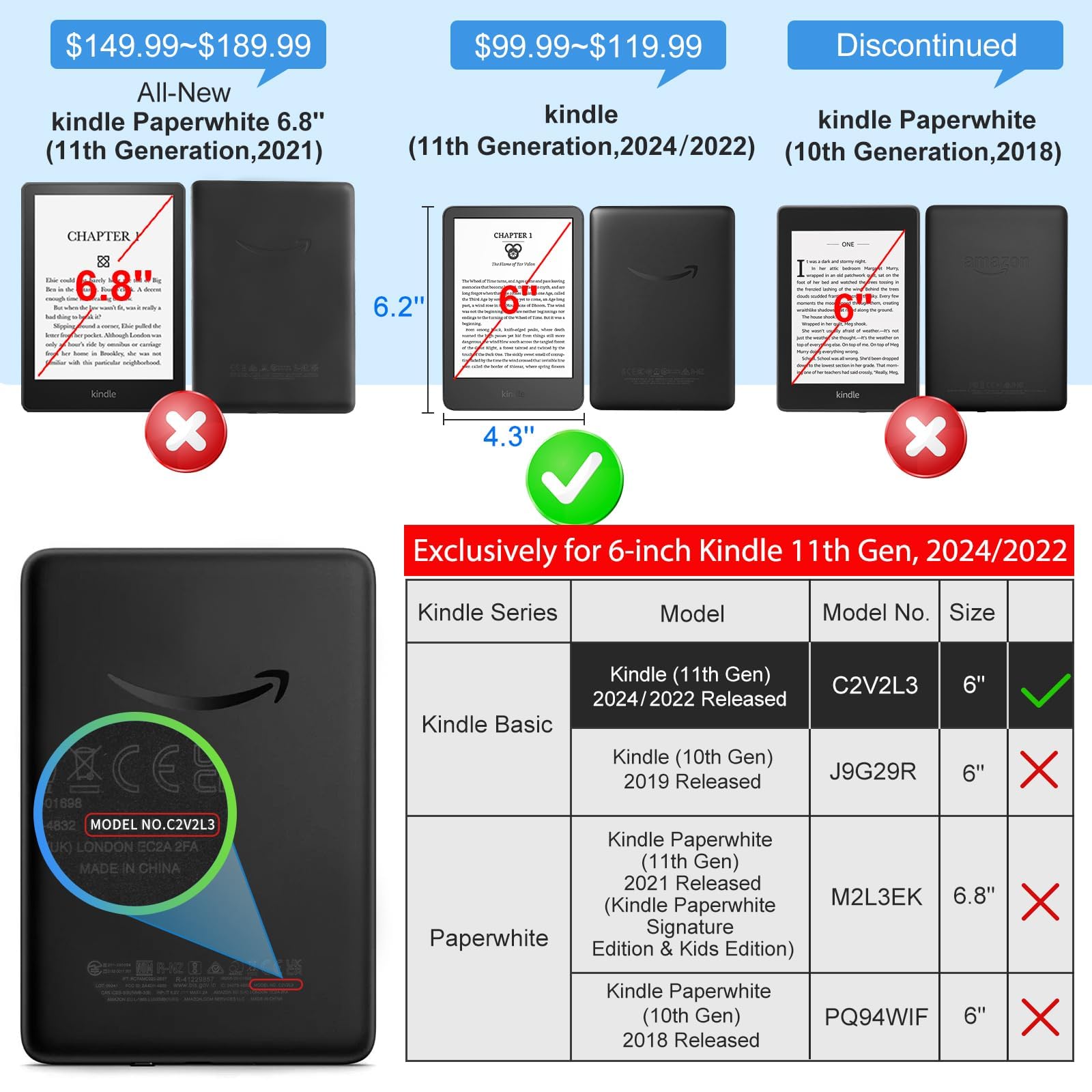 CoBak Wireless Charging Case for 6 Inch Kindle 2024 and 2022 (11 GEN) with Stand and Hand Strap - Compatible with iPhone MagSafe, for Samsung/Belkin/Anker Wireless Charging Pads, Auto Sleep Wake