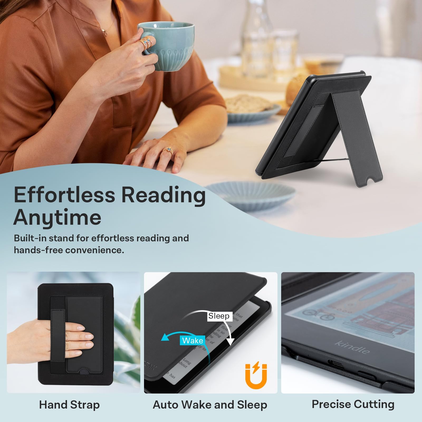 CoBak Lightweight Stand Case for 7" Kindle Paperwhite 12th Gen 2024 and Kindle Colorsoft with Right Hand Strap - Compatible with iPhone MagSafe, for Samsung/Belkin/Anker Wireless Charging Pads