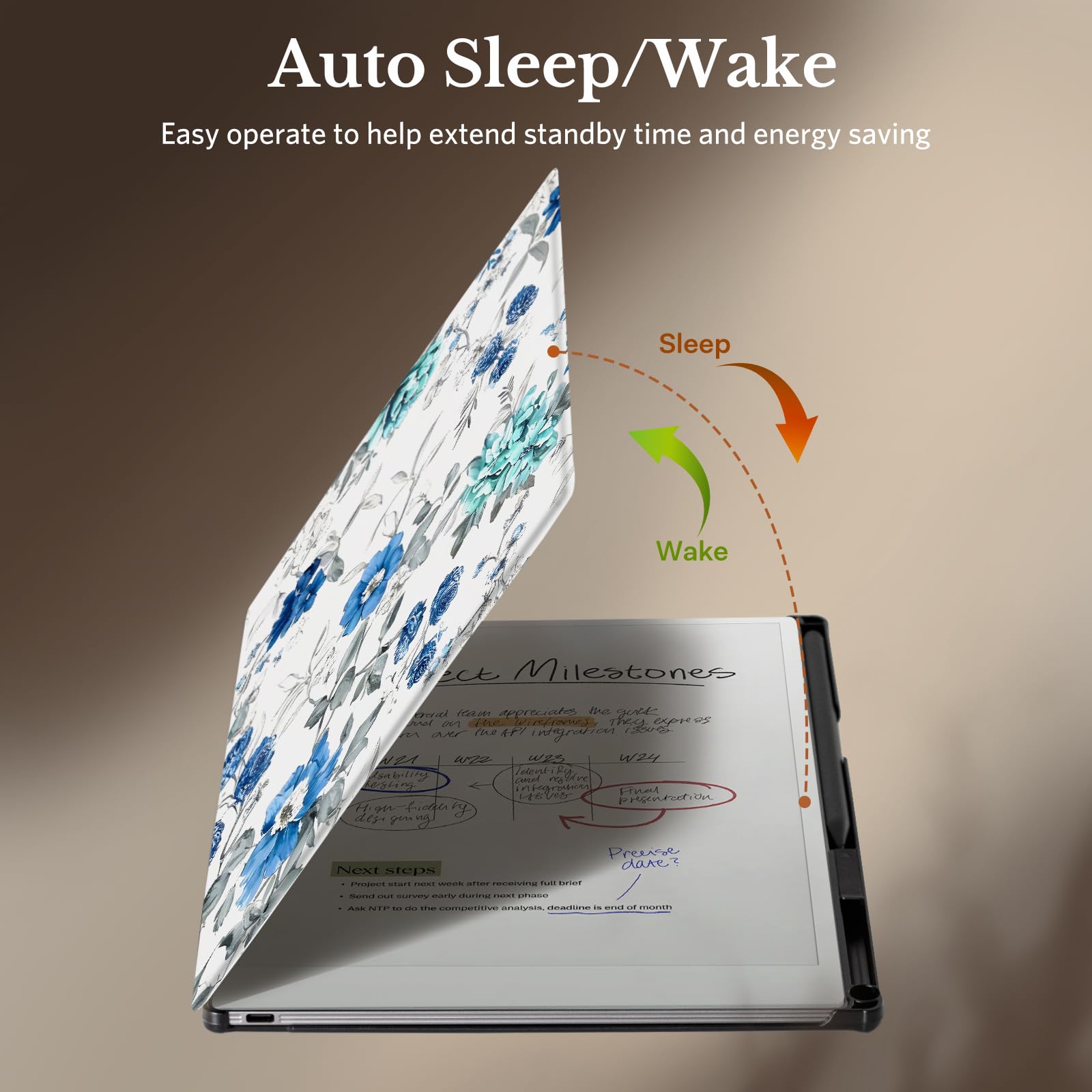 CoBak Case for Remarkable Paper Pro Color Tablet 11.8" 2024 Released- Smart Auto Sleep/Wake Folio Lightweight Protective Cover with Built-in Pen Holder and Nibs Holder (Blue Floral)