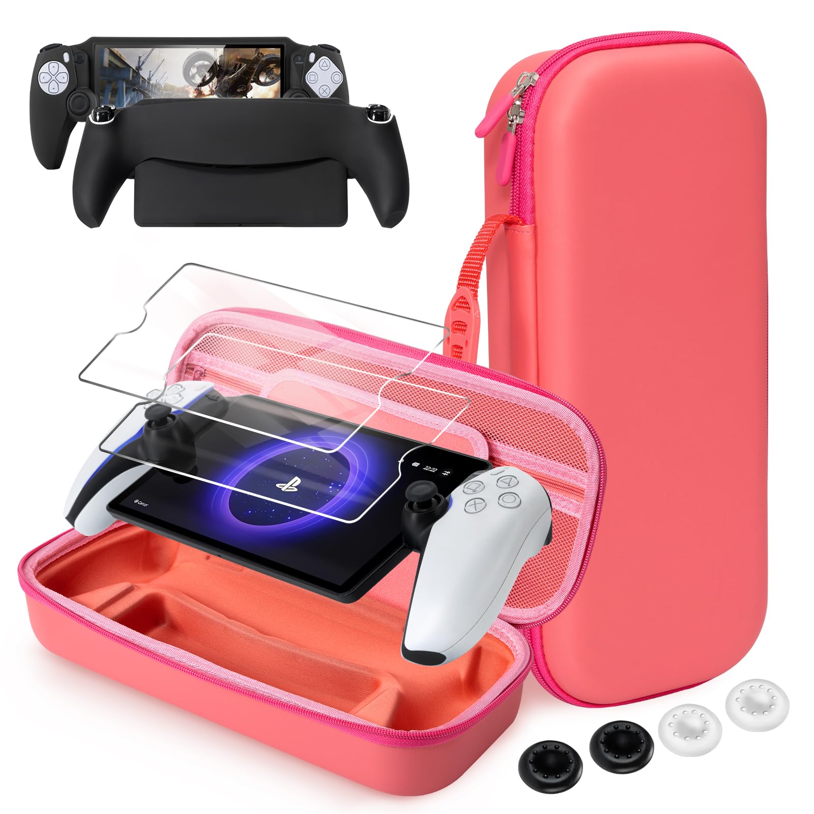 CoBak Hard Carrying Shell Case for PlayStation Portal Remote Player - with 2 Screen Protector, 1 Grip Case, 4 Thumb Grip Caps, Hard Outer Cover for PS5 Portal, Pink