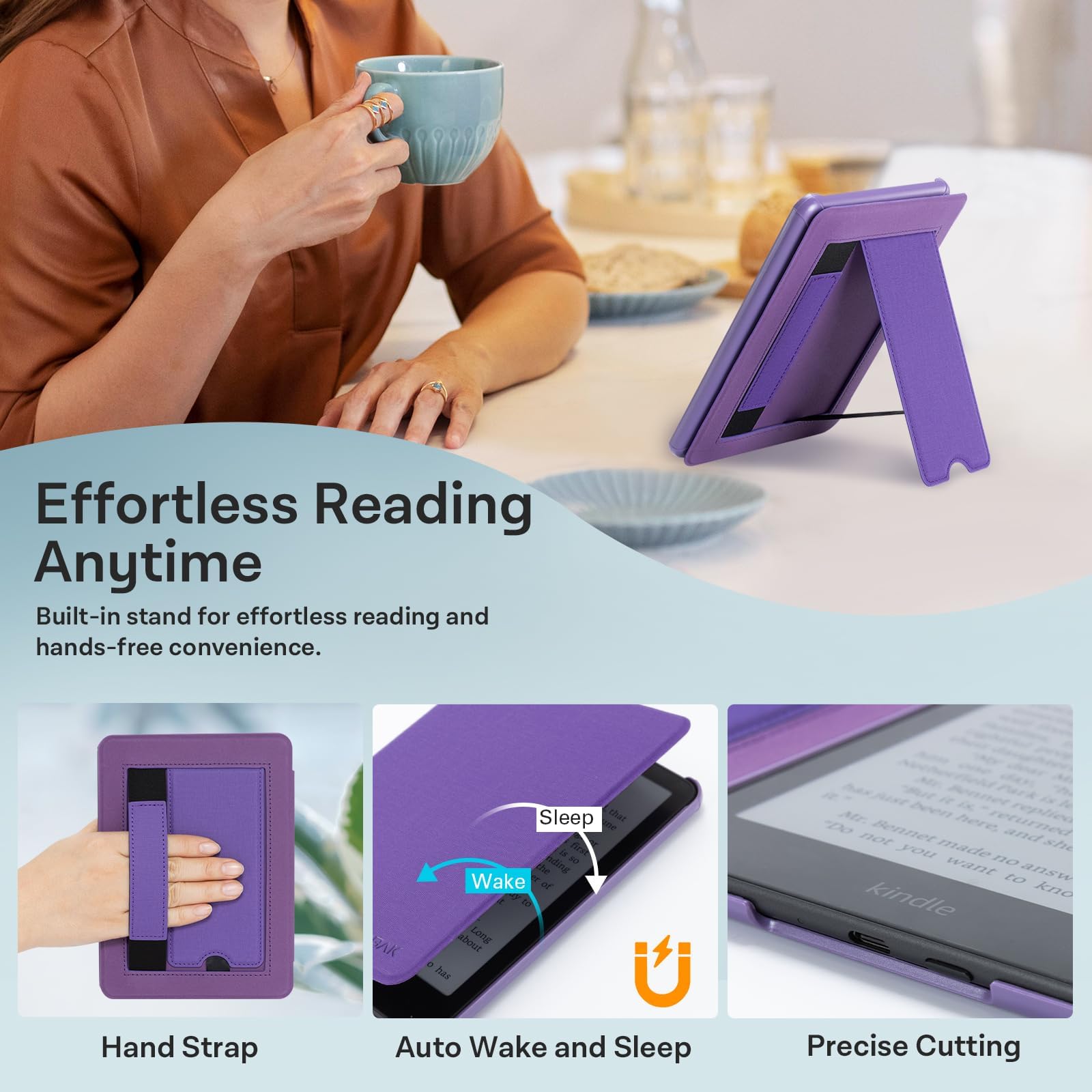 CoBak Lightweight Stand Case for 7" Kindle Paperwhite 12th Gen 2024 and Kindle Colorsoft with Right Hand Strap - Compatible with iPhone MagSafe, for Samsung/Belkin/Anker Wireless Charging Pads