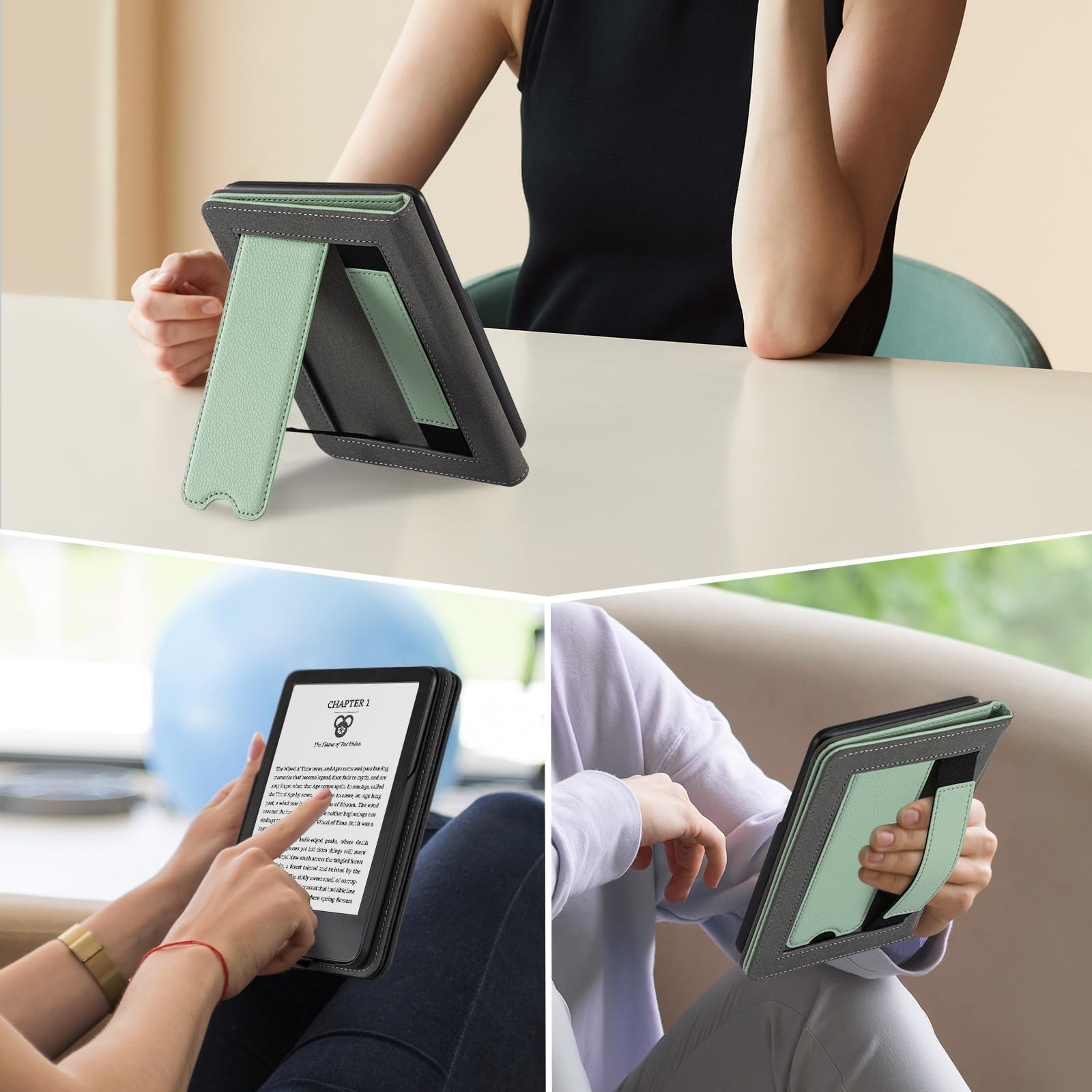 CoBak Wireless Charging Case for 6 Inch Kindle 2024 and 2022 (11 GEN) with Stand and Hand Strap - Compatible with iPhone MagSafe, for Samsung/Belkin/Anker Wireless Charging Pads, Auto Sleep Wake, Sage