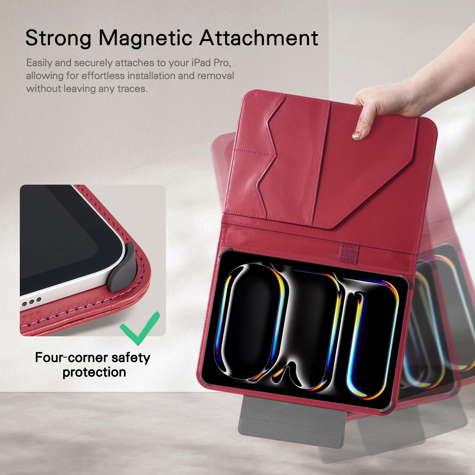 CoBak Premium Leather Case for iPad Pro 11-inch (M4) 2024 (5th Generation), Built-in Folder Storage, Super Magnetic Back, Auto Sleep/Wake Function, Cowhide Red