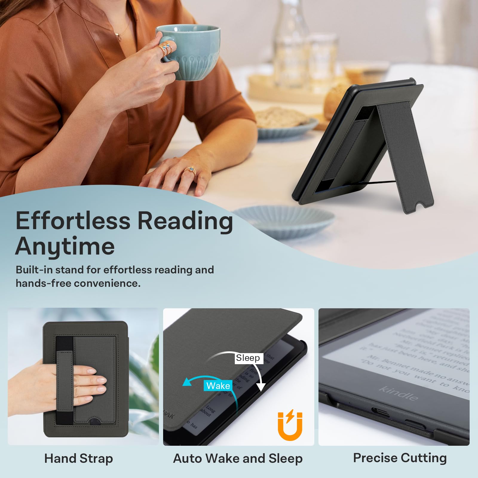 CoBak Lightweight Stand Case for 7" Kindle Paperwhite 12th Gen 2024 and Kindle Colorsoft with Right Hand Strap - Compatible with iPhone MagSafe, for Samsung/Belkin/Anker Wireless Charging Pads