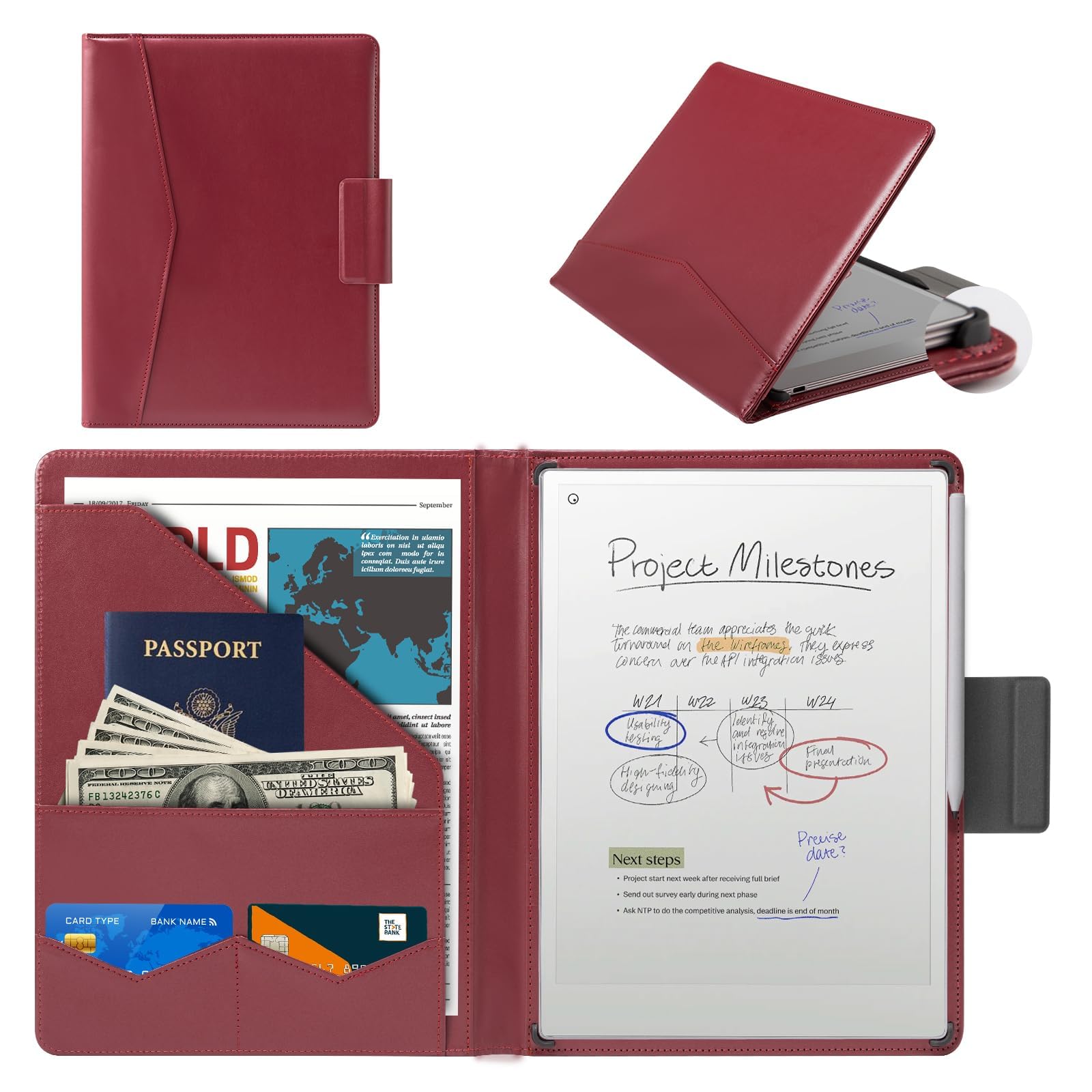 CoBak Premium PU Leather Case for Remarkable Paper Pro 11.8" (2024) – Slim Magnetic Back Cover with Auto Sleep/Wake, Folder Design, Magnetic Pen Holder Strap, Red Leather