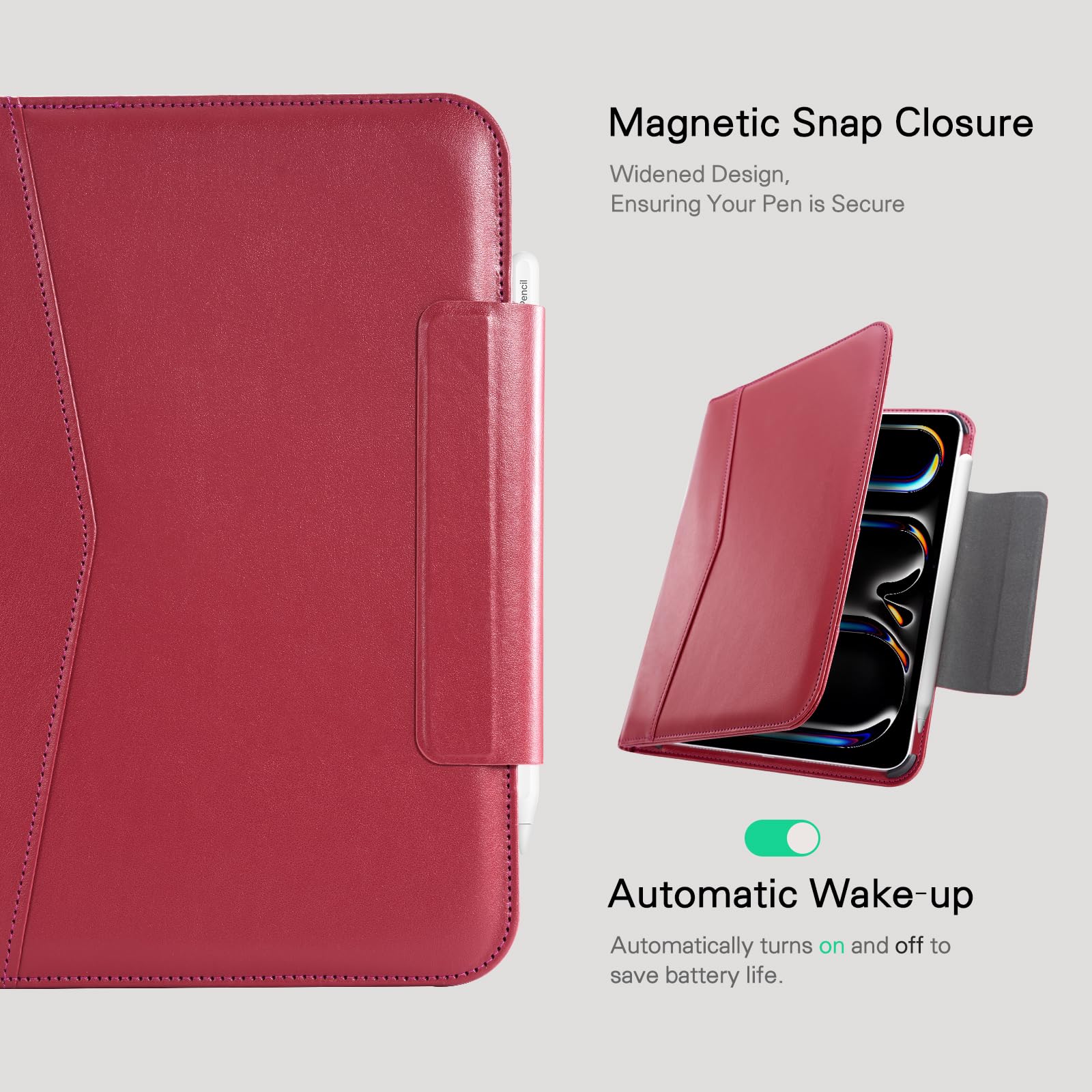 CoBak Premium Leather Case for iPad Pro 11-inch (M4) 2024 (5th Generation), Built-in Folder Storage, Super Magnetic Back, Auto Sleep/Wake Function, Cowhide Red