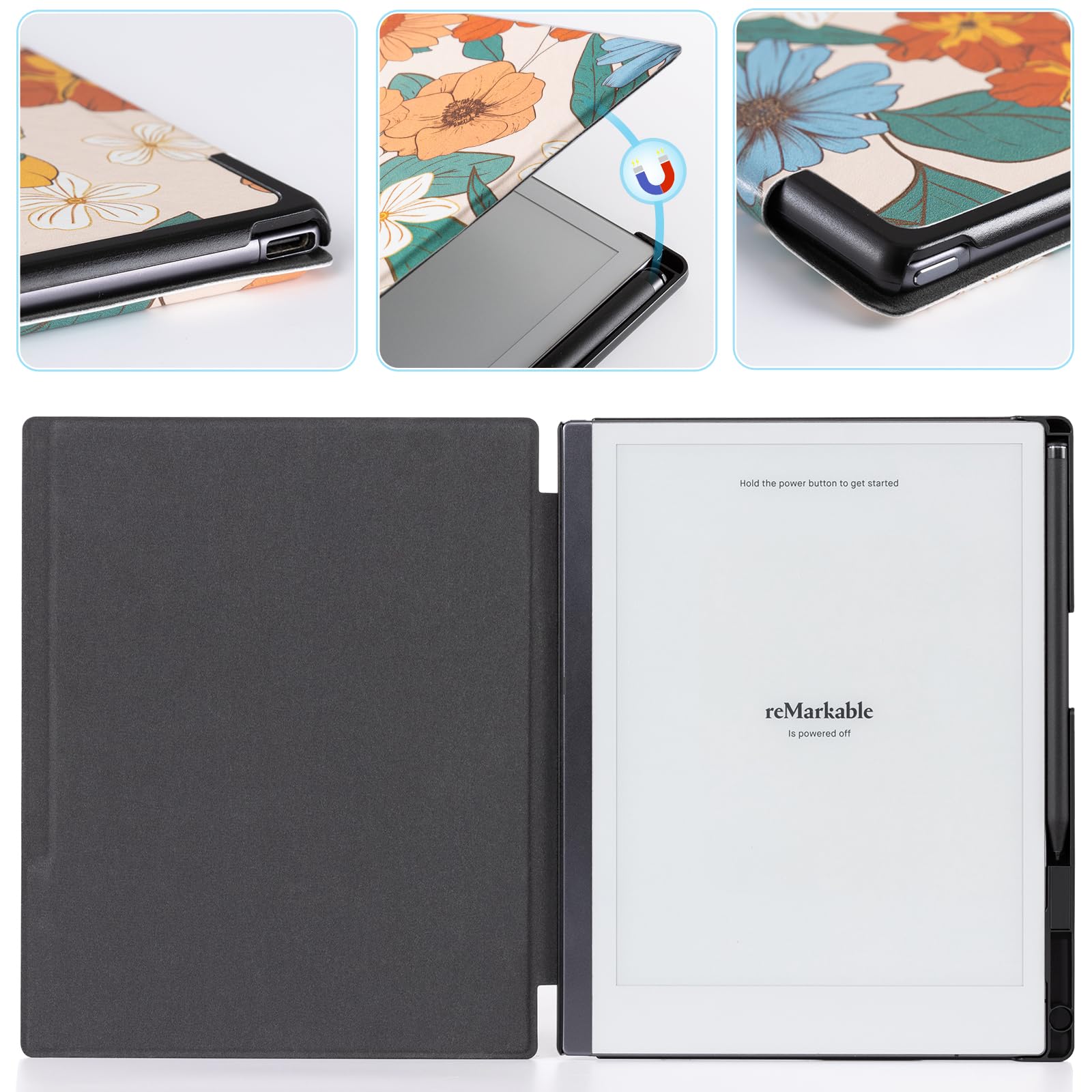 CoBak Case for Remarkable 2 Paper Tablet - Lightweight and Hard Back Shell Protective Book Folio Cover with Built-in Pen Holder - for 10.3" 2020 Released, Orange Flower