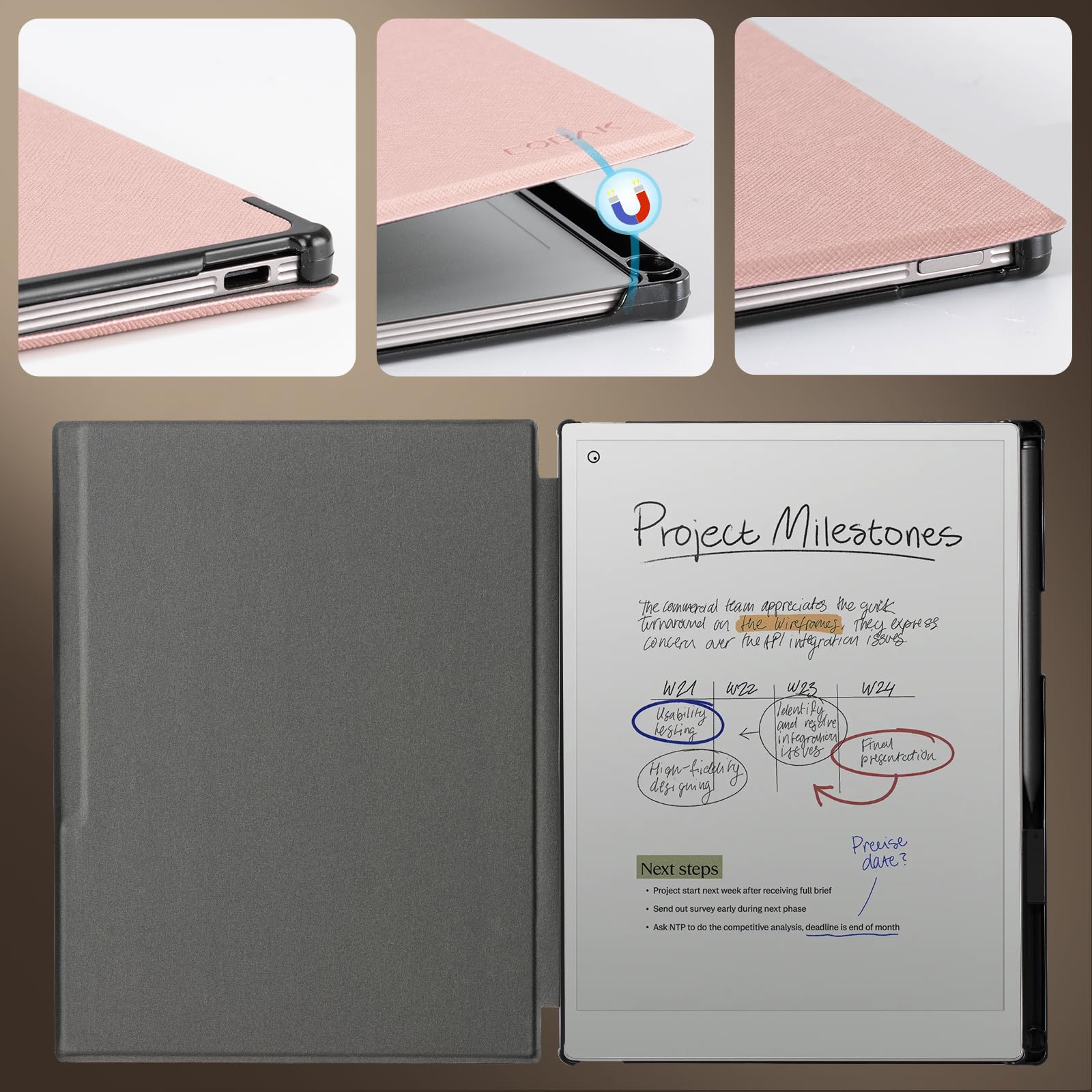 CoBak Case for Remarkable Paper Pro Color Tablet 11.8" 2024 Released- Smart Auto Sleep/Wake Folio Lightweight Protective Cover with Built-in Pen Holder and Nibs Holder (Rosegold)