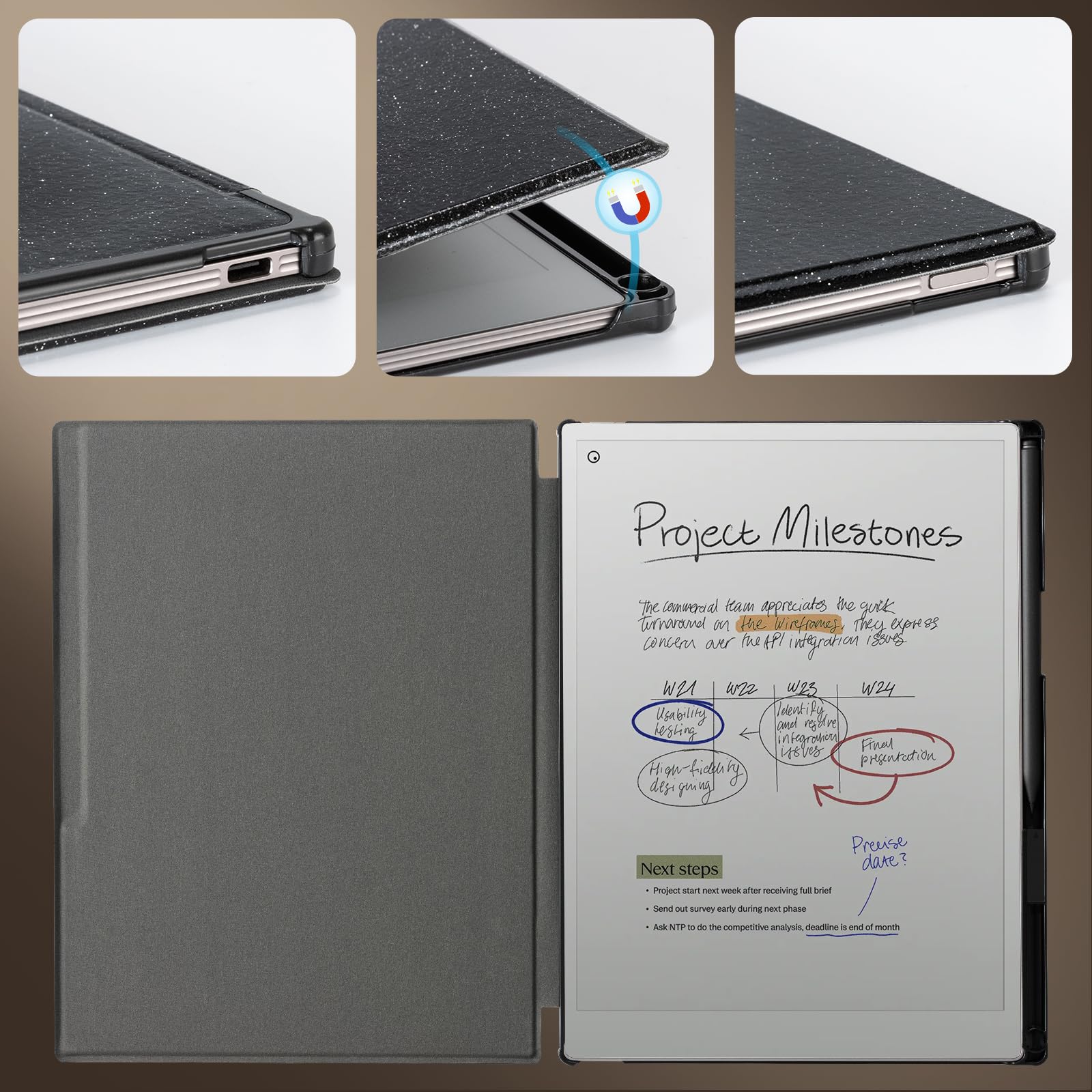 CoBak Case for Remarkable Paper Pro Color Tablet 11.8" 2024 Released- Smart Auto Sleep/Wake Folio Lightweight Protective Cover with Built-in Pen Holder and Nibs Holder (Black Glitter)