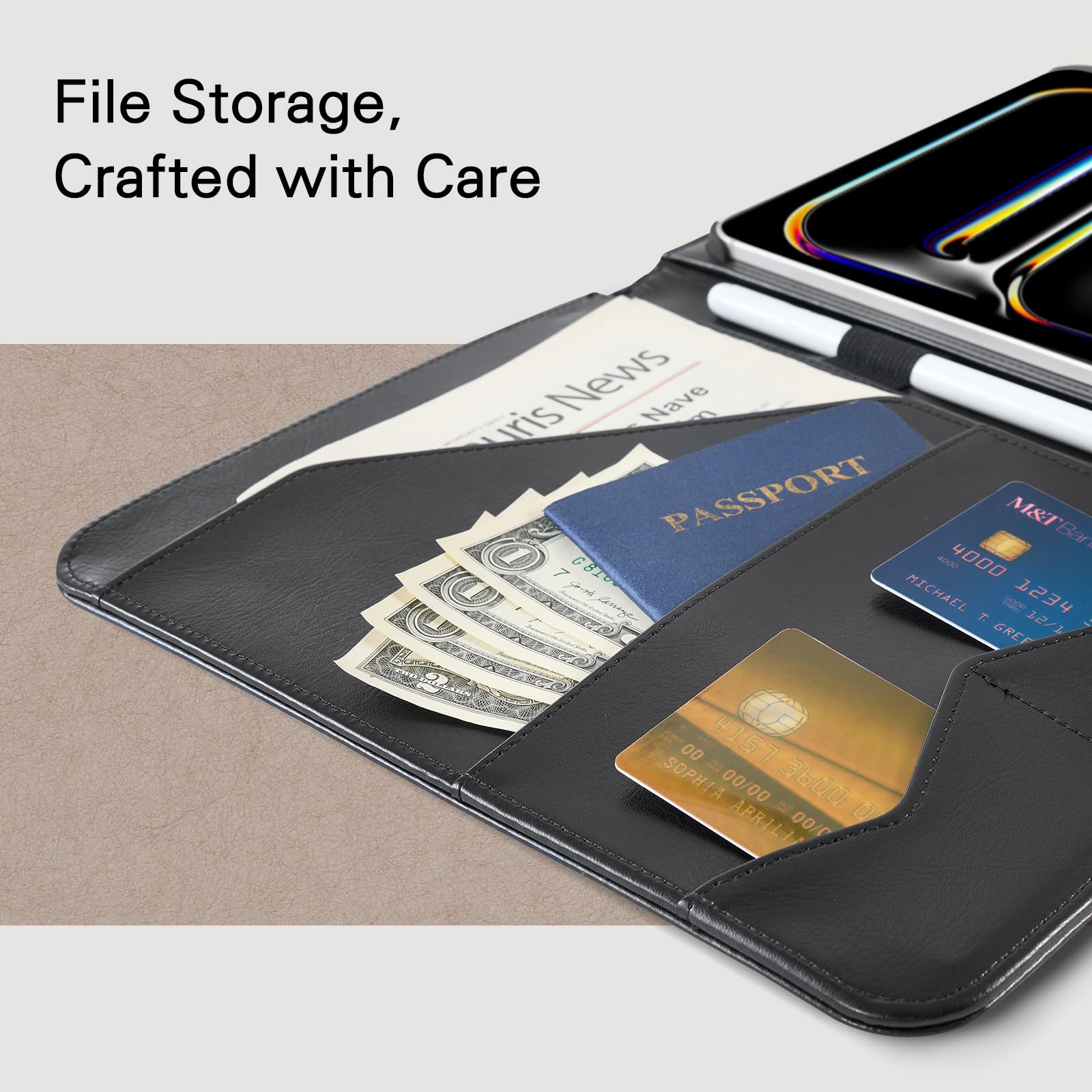 CoBak Premium Leather Case for iPad Pro 11-inch (M4) 2024 (5th Generation), Built-in Folder Storage, Super Magnetic Back, Auto Sleep/Wake Function, Cowhide Black