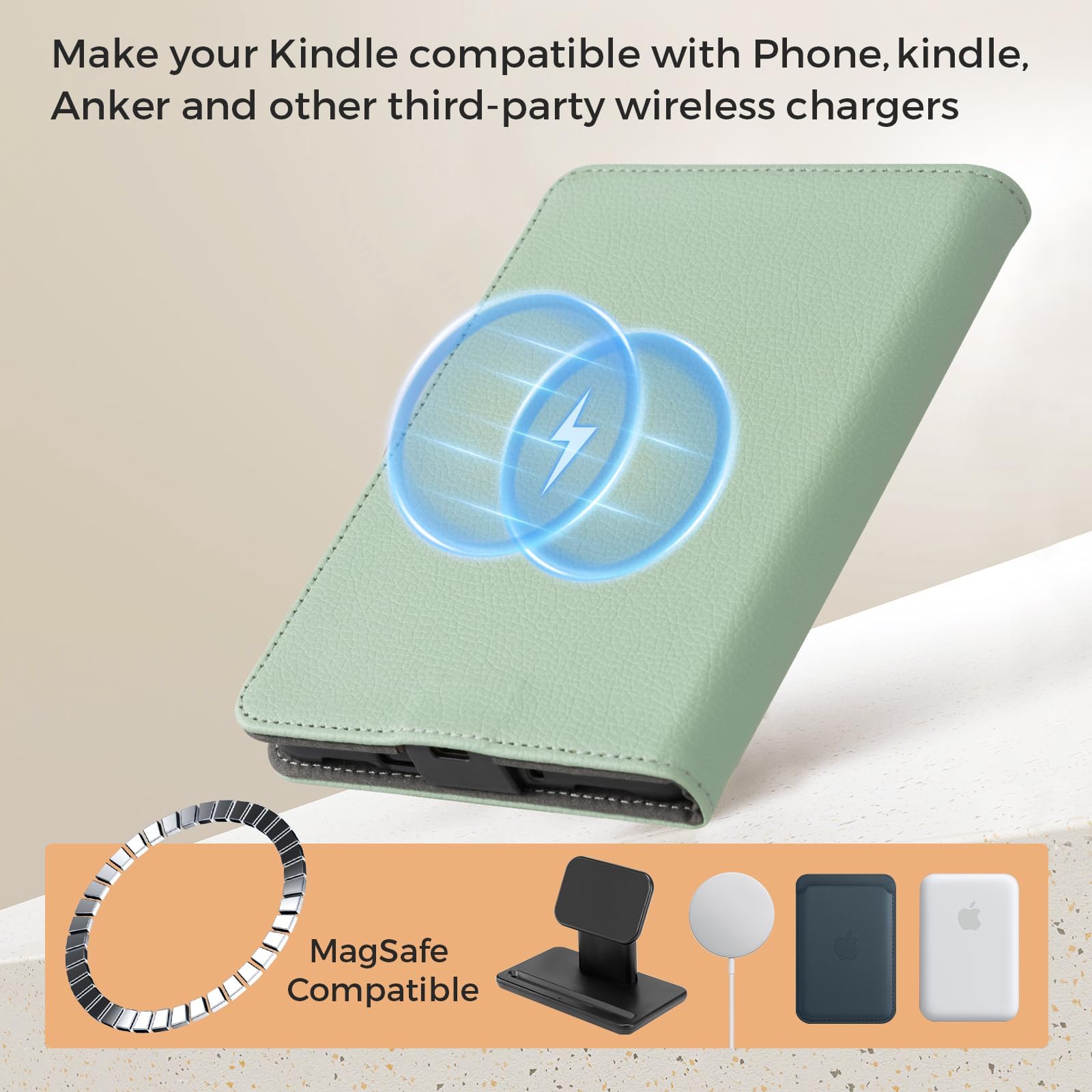 CoBak Wireless Charging Case for 6 Inch Kindle 2024 and 2022 (11 GEN) with Stand and Hand Strap - Compatible with iPhone MagSafe, for Samsung/Belkin/Anker Wireless Charging Pads, Auto Sleep Wake, Sage