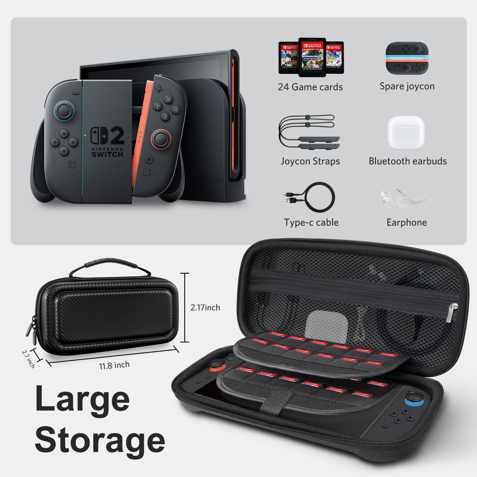 CoBak Large Capacity Carrying Case for Nintendo Switch 2 ( 2025 ) , Ultra Slim Premium EVA Travel Pouch with 24 Game Cartridges, Screen Protective Cover, Accessories Storage Bag, Fiber Black