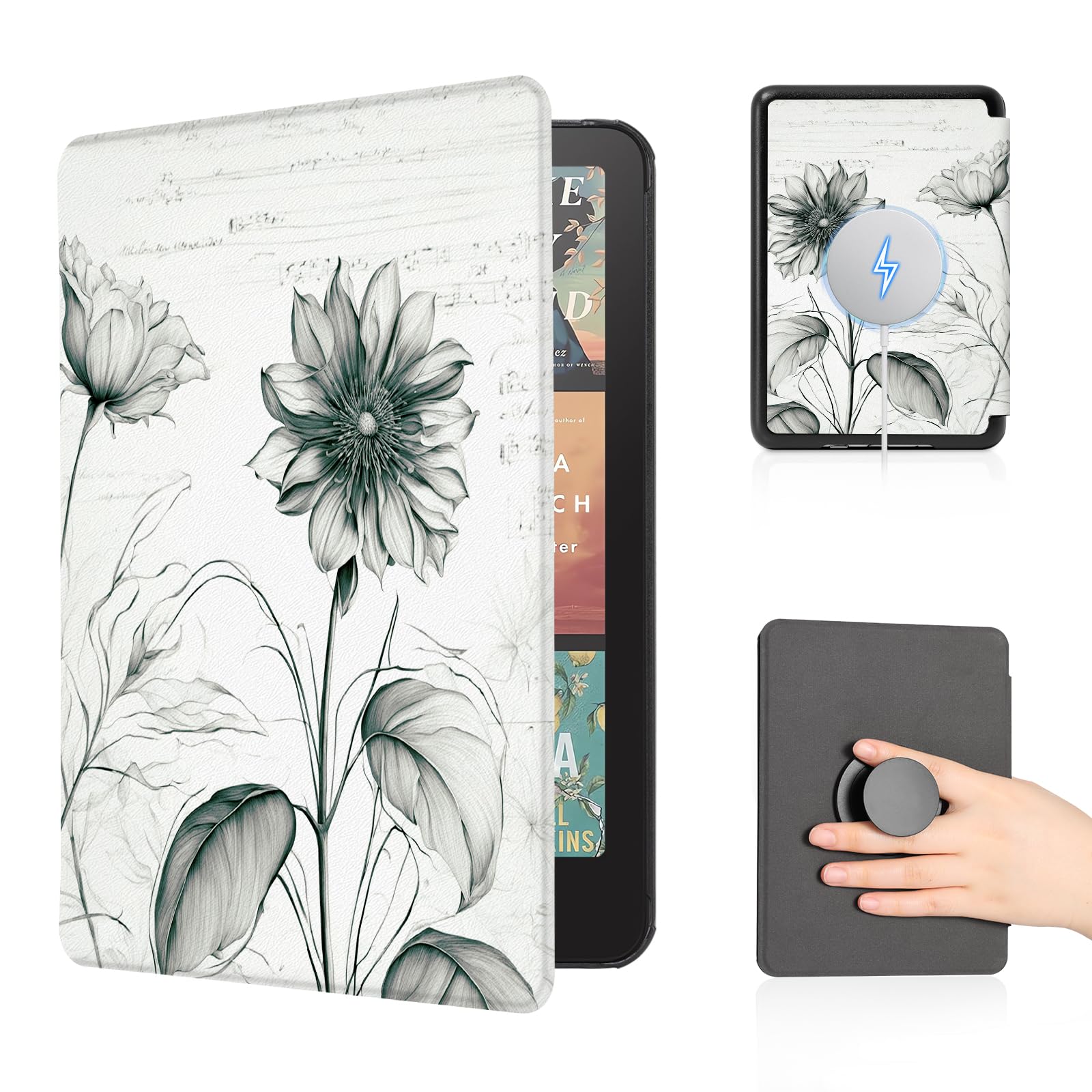 CoBak Case with Fold-Back Magnetic Cover for 7" Kindle Paperwhite 12th Gen 2024 and Kindle Colorsoft - for PopSockets Grip, Compatible with iPhone MagSafe and Anker Wireless Charging Pads, Auto Wake