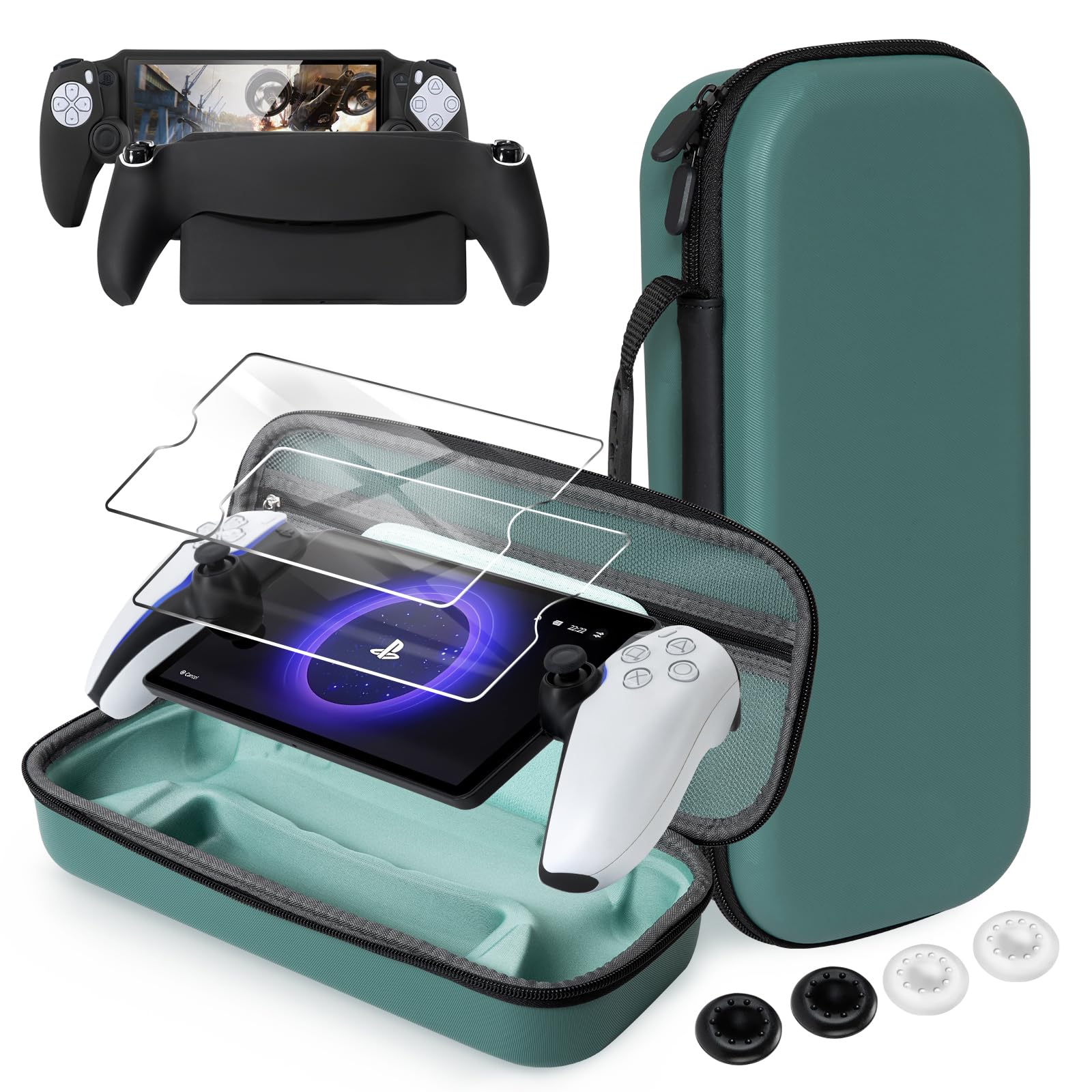 CoBak Hard Carrying Shell Case for PlayStation Portal Remote Player - with 2 Screen Protector, 1 Grip Case, 4 Thumb Grip Caps, Hard Outer Cover for PS5 Portal, Deep Green