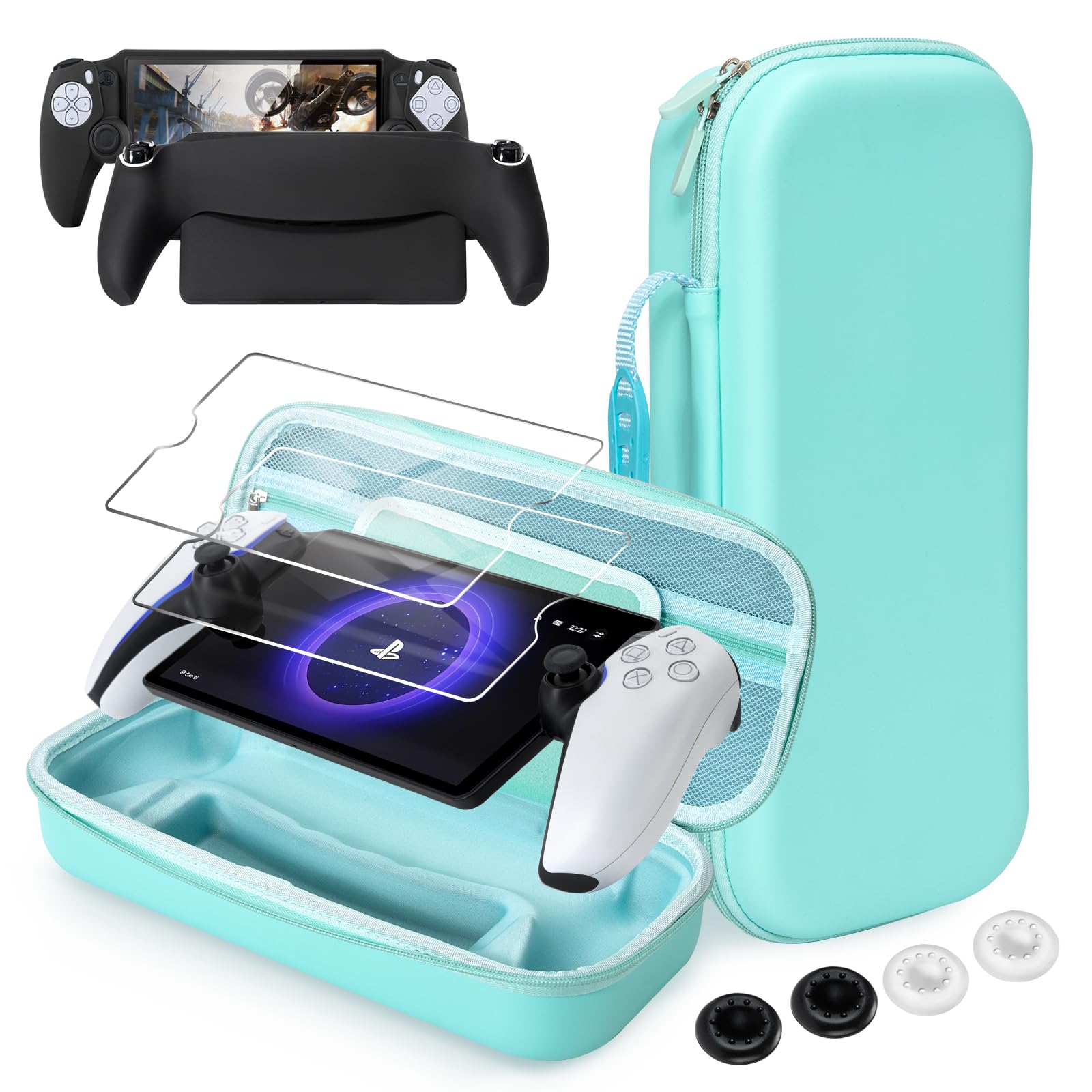 CoBak Hard Carrying Shell Case for PlayStation Portal Remote Player - with 2 Screen Protector, 1 Grip Case, 4 Thumb Grip Caps, Hard Outer Cover for PS5 Portal, Sage Green