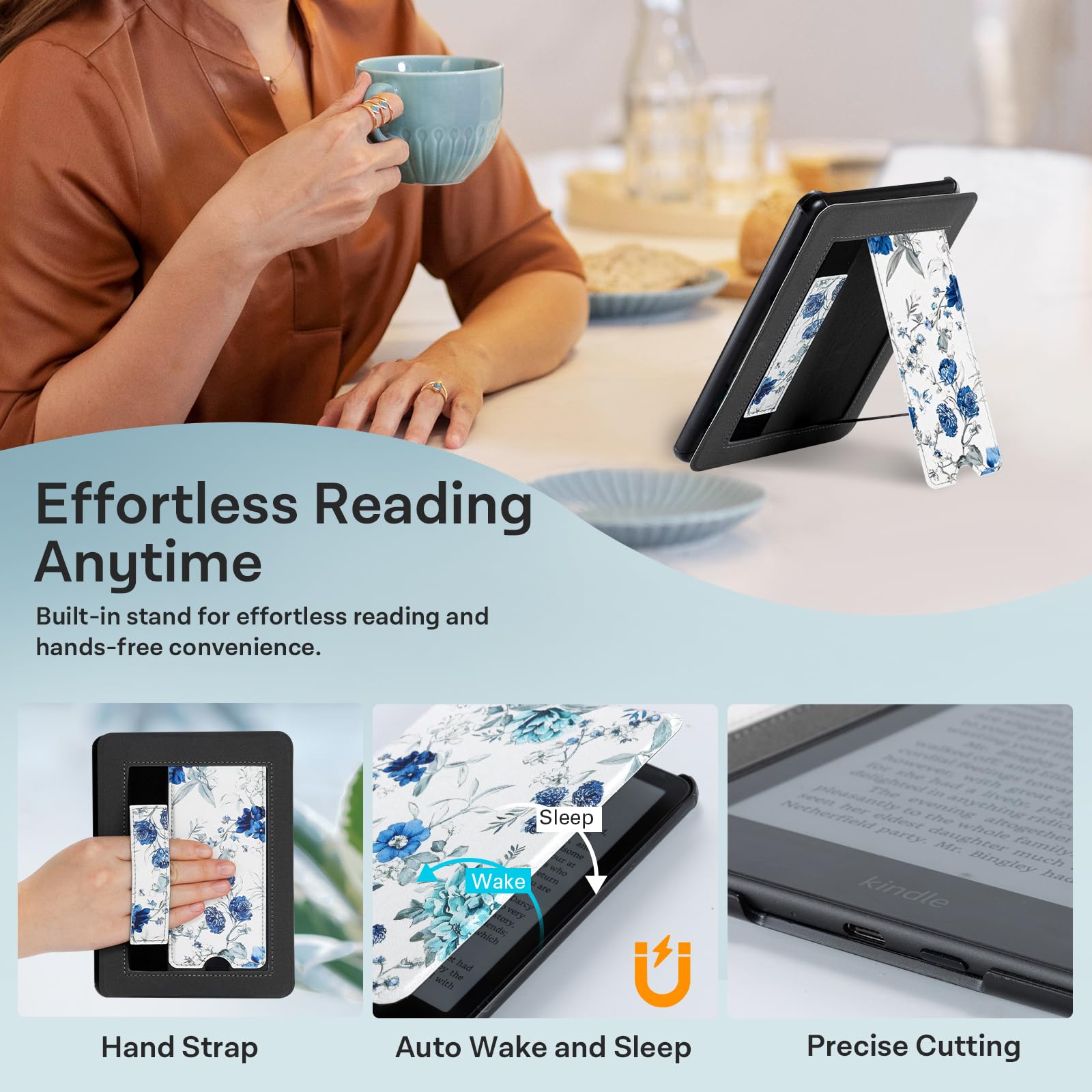 CoBak Lightweight Stand Case for 7" Kindle Paperwhite 12th Gen 2024 and Kindle Colorsoft with Right Hand Strap - Compatible with iPhone MagSafe, for Samsung/Belkin/Anker Wireless Charging Pads