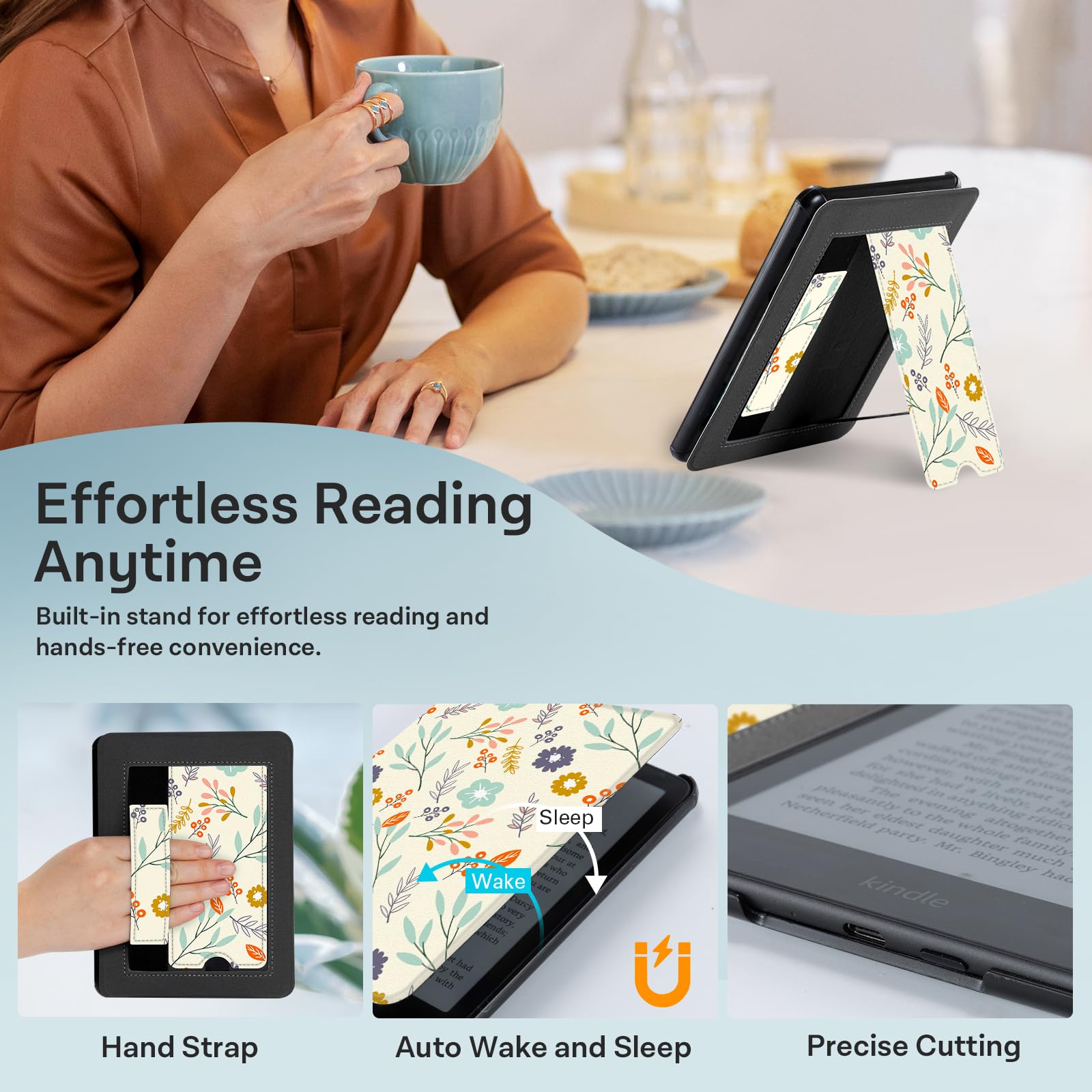 CoBak Lightweight Stand Case for 7" Kindle Paperwhite 12th Gen 2024 and Kindle Colorsoft with Right Hand Strap - Compatible with iPhone MagSafe, for Samsung/Belkin/Anker Wireless Charging Pads
