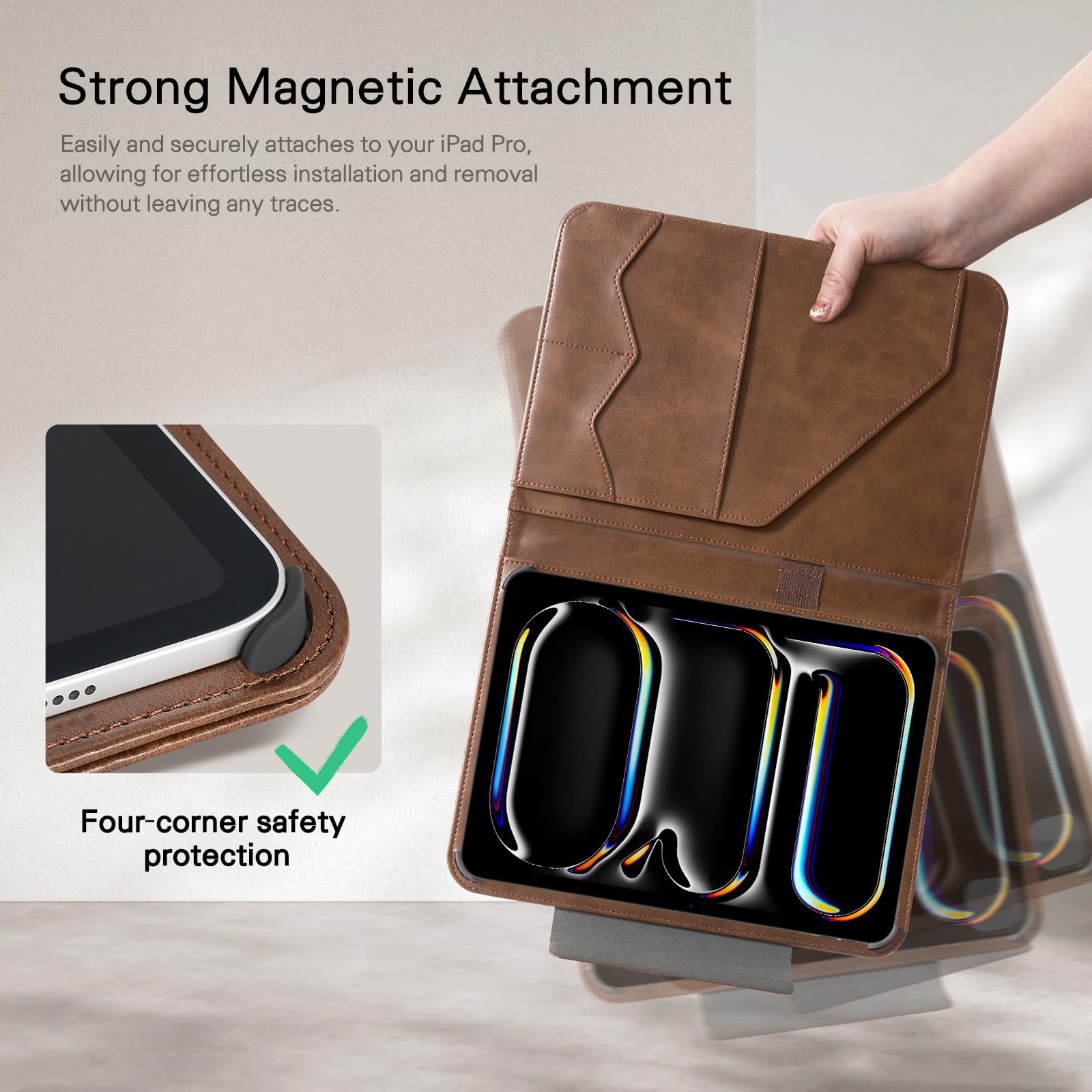 CoBak Premium Leather Case for iPad Pro 11-inch (M4) 2024 (5th Generation), Built-in Folder Storage, Super Magnetic Back, Auto Sleep/Wake Function, Cowhide Brown