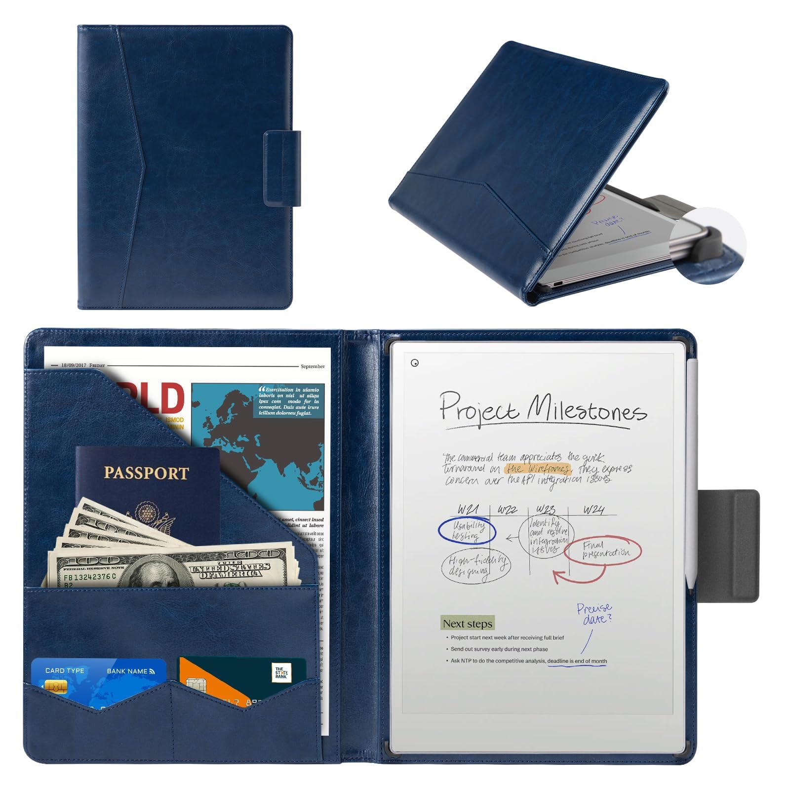 CoBak Premium PU Leather Case for Remarkable Paper Pro 11.8" (2024) – Slim Magnetic Back Cover with Auto Sleep/Wake, Folder Design, Magnetic Pen Holder Strap, Navy Blue