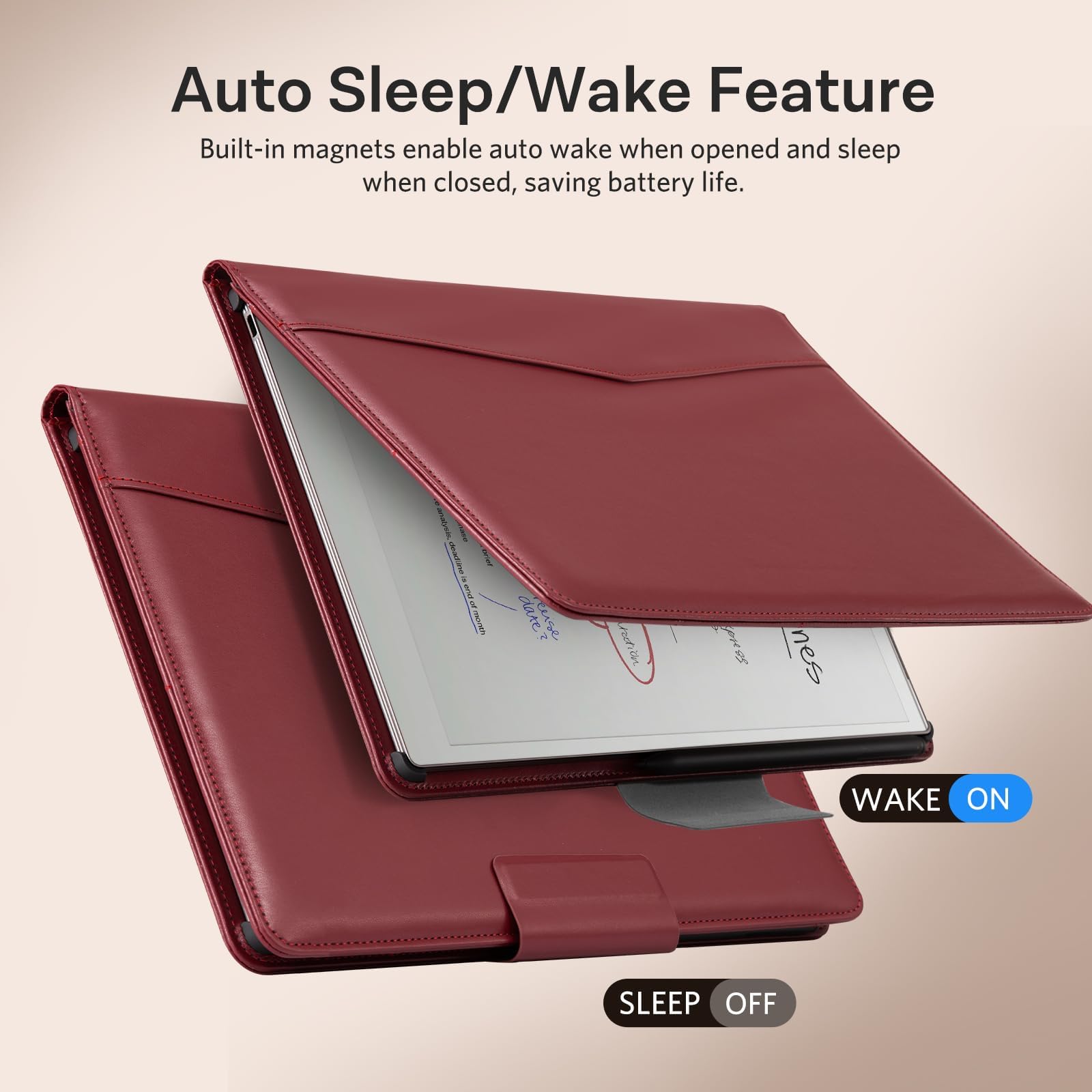 CoBak Premium PU Leather Case for Remarkable Paper Pro 11.8" (2024) – Slim Magnetic Back Cover with Auto Sleep/Wake, Folder Design, Magnetic Pen Holder Strap, Red Leather
