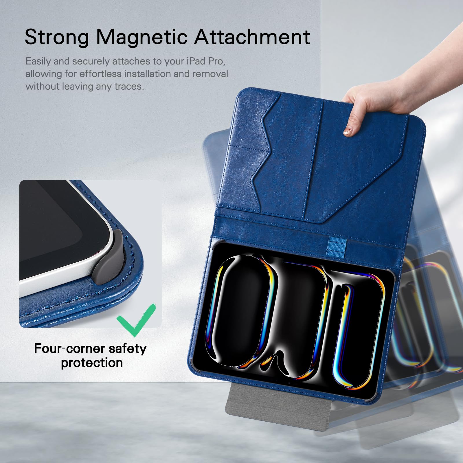 CoBak Premium Leather Case for iPad Pro 11-inch (M4) 2024 (5th Generation), Built-in Folder Storage, Super Magnetic Back, Auto Sleep/Wake Function, Navy Blue