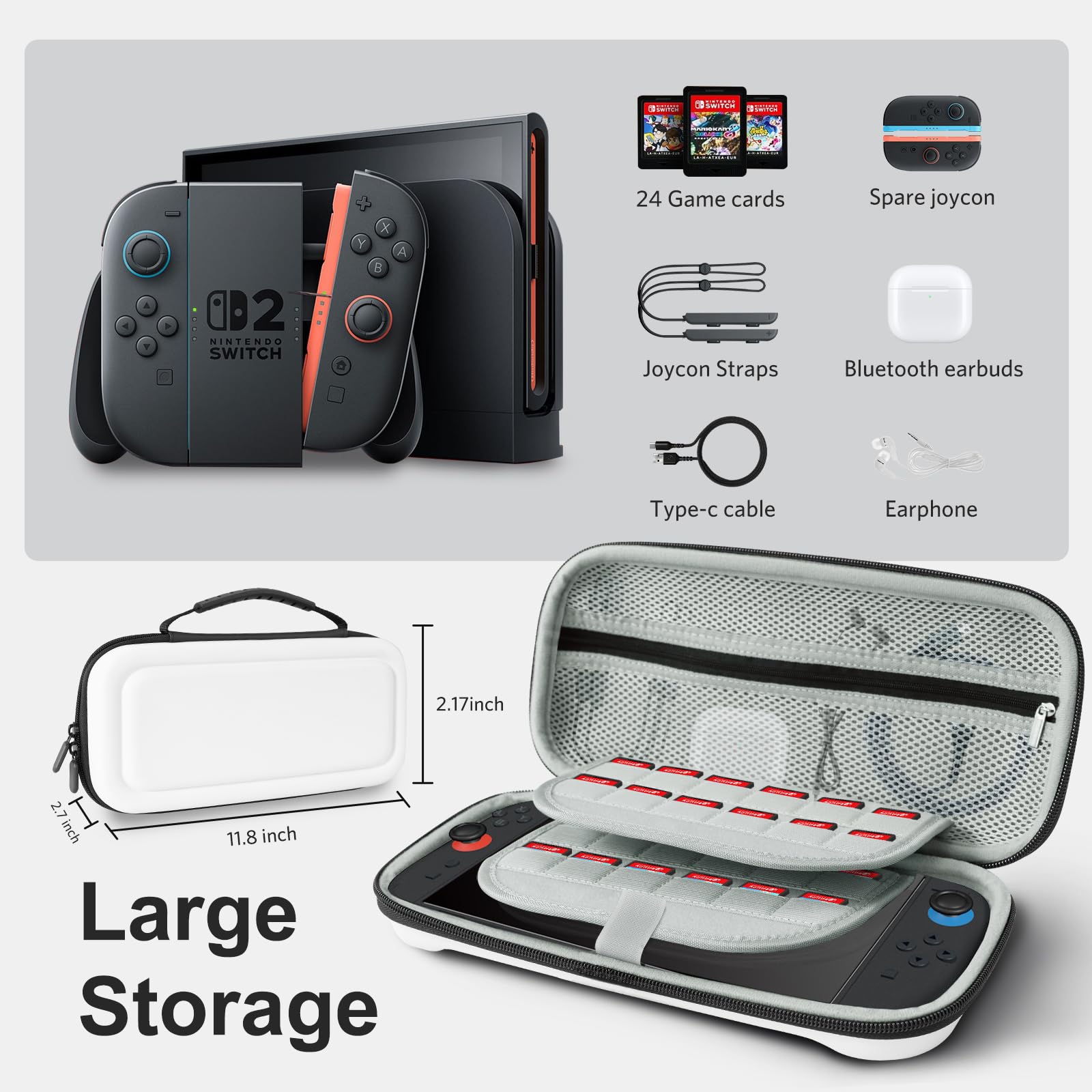 CoBak Large Capacity Carrying Case for Nintendo Switch 2 ( 2025 ) , Ultra Slim Premium EVA Travel Pouch with 24 Game Cartridges, Screen Protective Cover, Accessories Storage Bag, White
