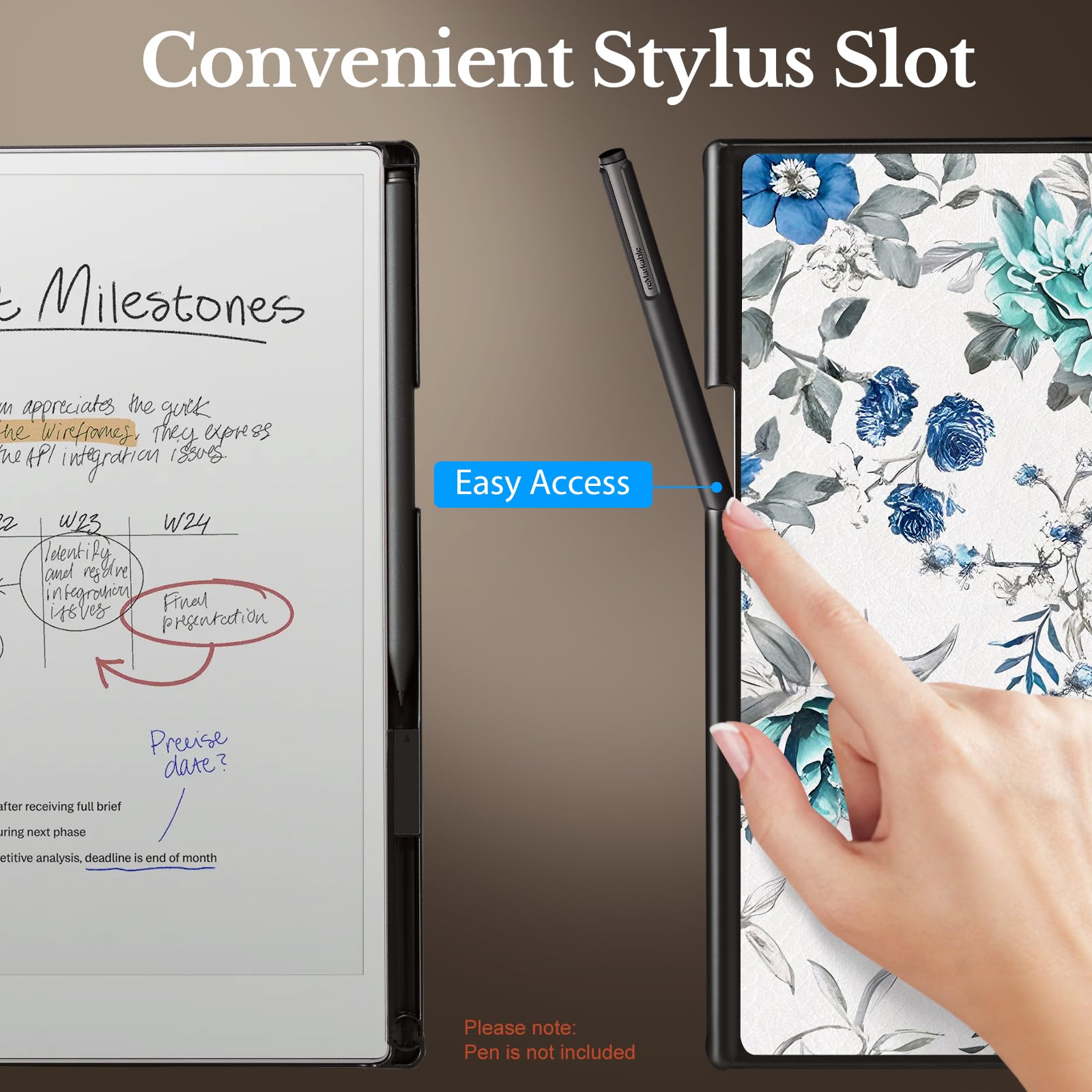 CoBak Case for Remarkable Paper Pro Color Tablet 11.8" 2024 Released- Smart Auto Sleep/Wake Folio Lightweight Protective Cover with Built-in Pen Holder and Nibs Holder (Blue Floral)