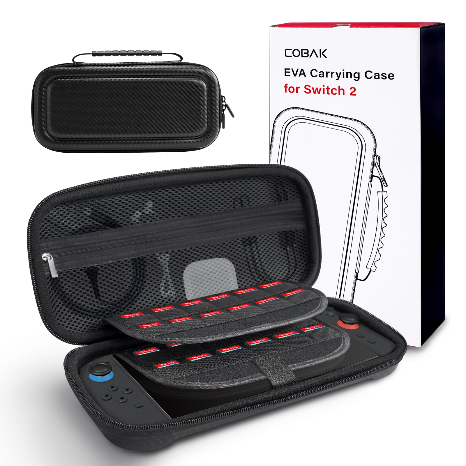 CoBak Large Capacity Carrying Case for Nintendo Switch 2 ( 2025 ) , Ultra Slim Premium EVA Travel Pouch with 24 Game Cartridges, Screen Protective Cover, Accessories Storage Bag, Fiber Black