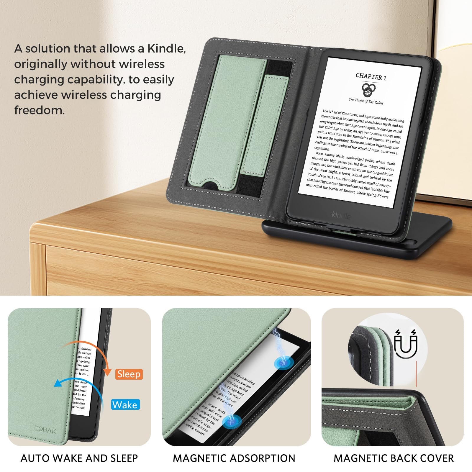 CoBak Wireless Charging Case for 6 Inch Kindle 2024 and 2022 (11 GEN) with Stand and Hand Strap - Compatible with iPhone MagSafe, for Samsung/Belkin/Anker Wireless Charging Pads, Auto Sleep Wake, Sage