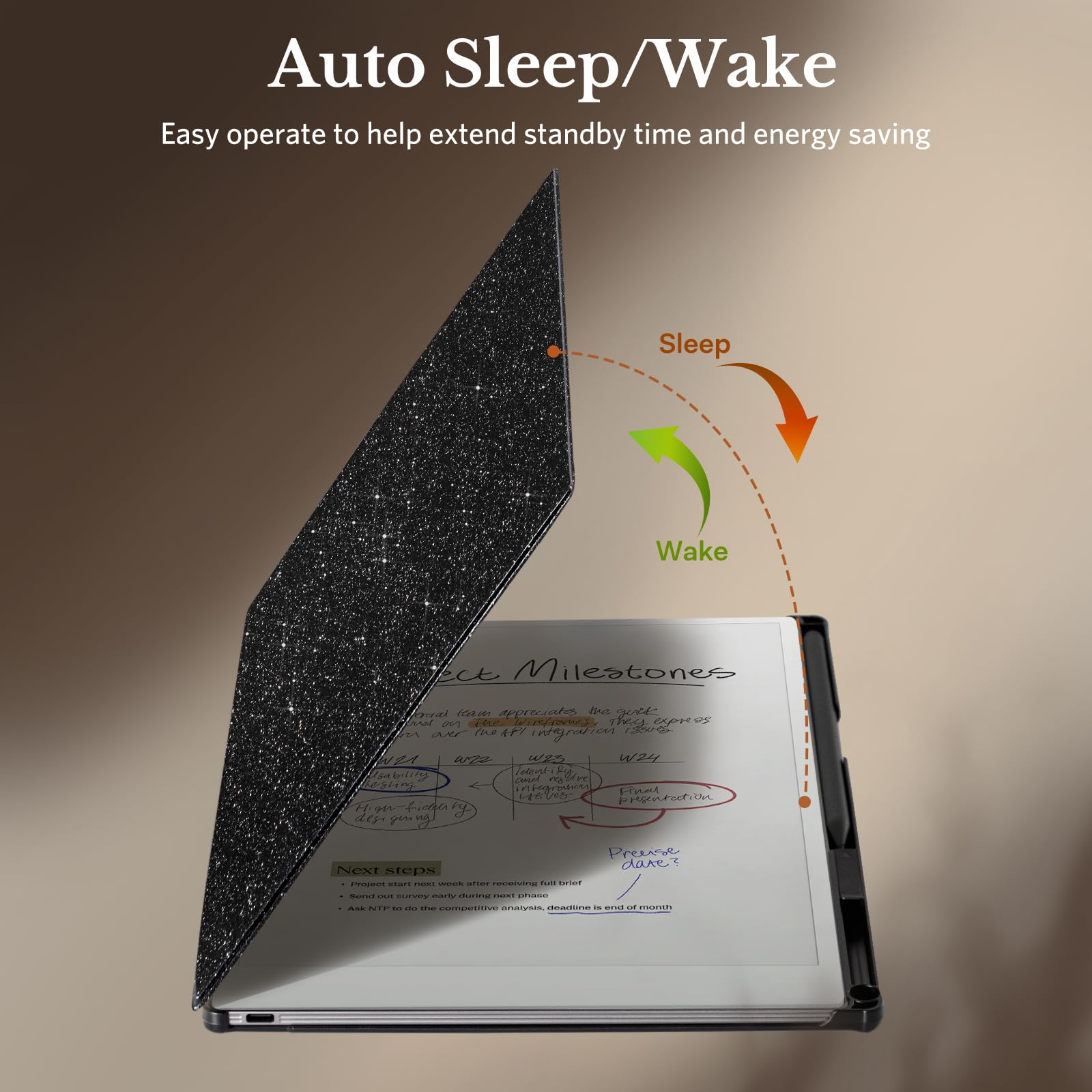 CoBak Case for Remarkable Paper Pro Color Tablet 11.8" 2024 Released- Smart Auto Sleep/Wake Folio Lightweight Protective Cover with Built-in Pen Holder and Nibs Holder (Black Glitter)