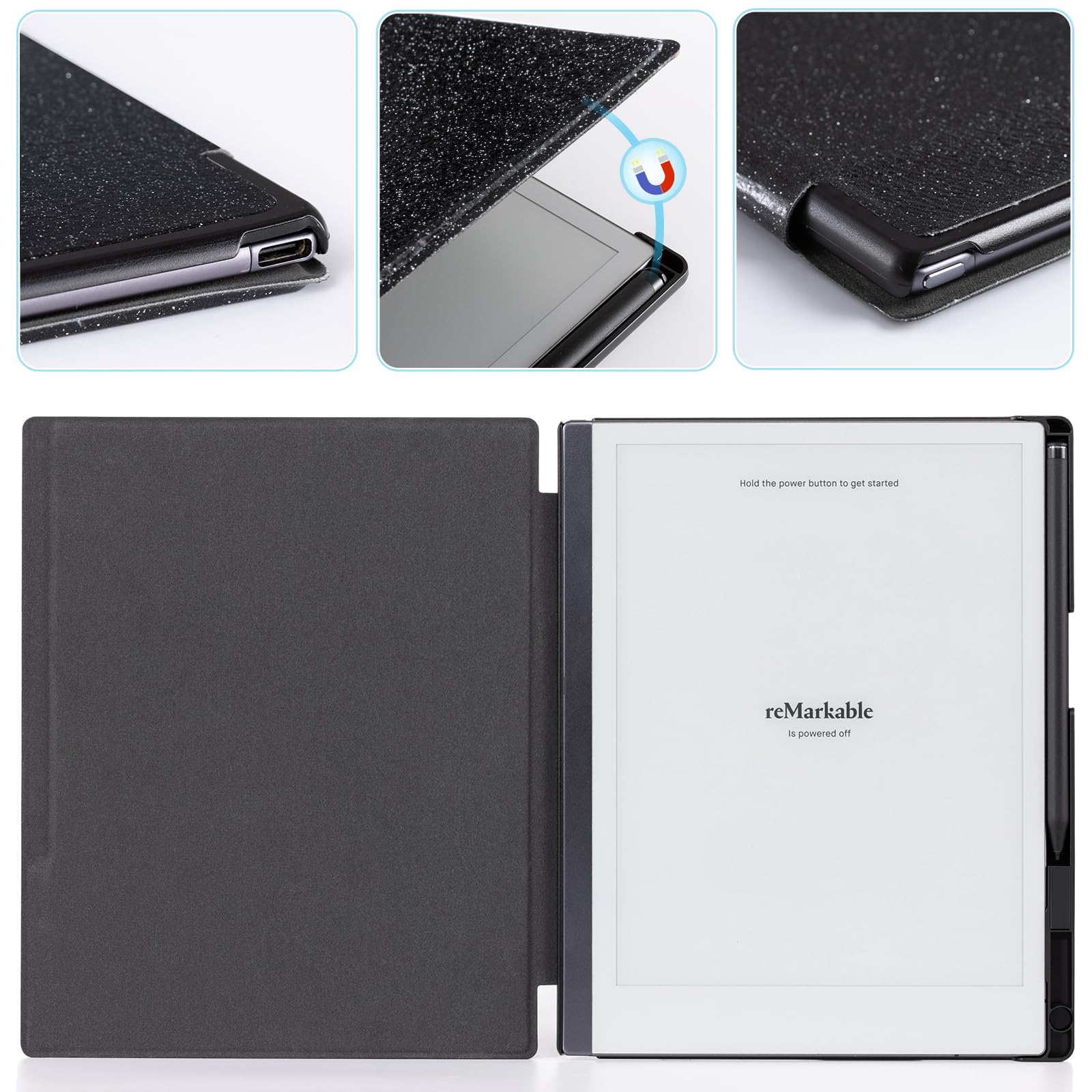CoBak Case for Remarkable 2 Paper Tablet - Lightweight and Hard Back Shell Protective Book Folio Cover with Built-in Pen Holder - for 10.3" 2020 Released (Black Glitter)
