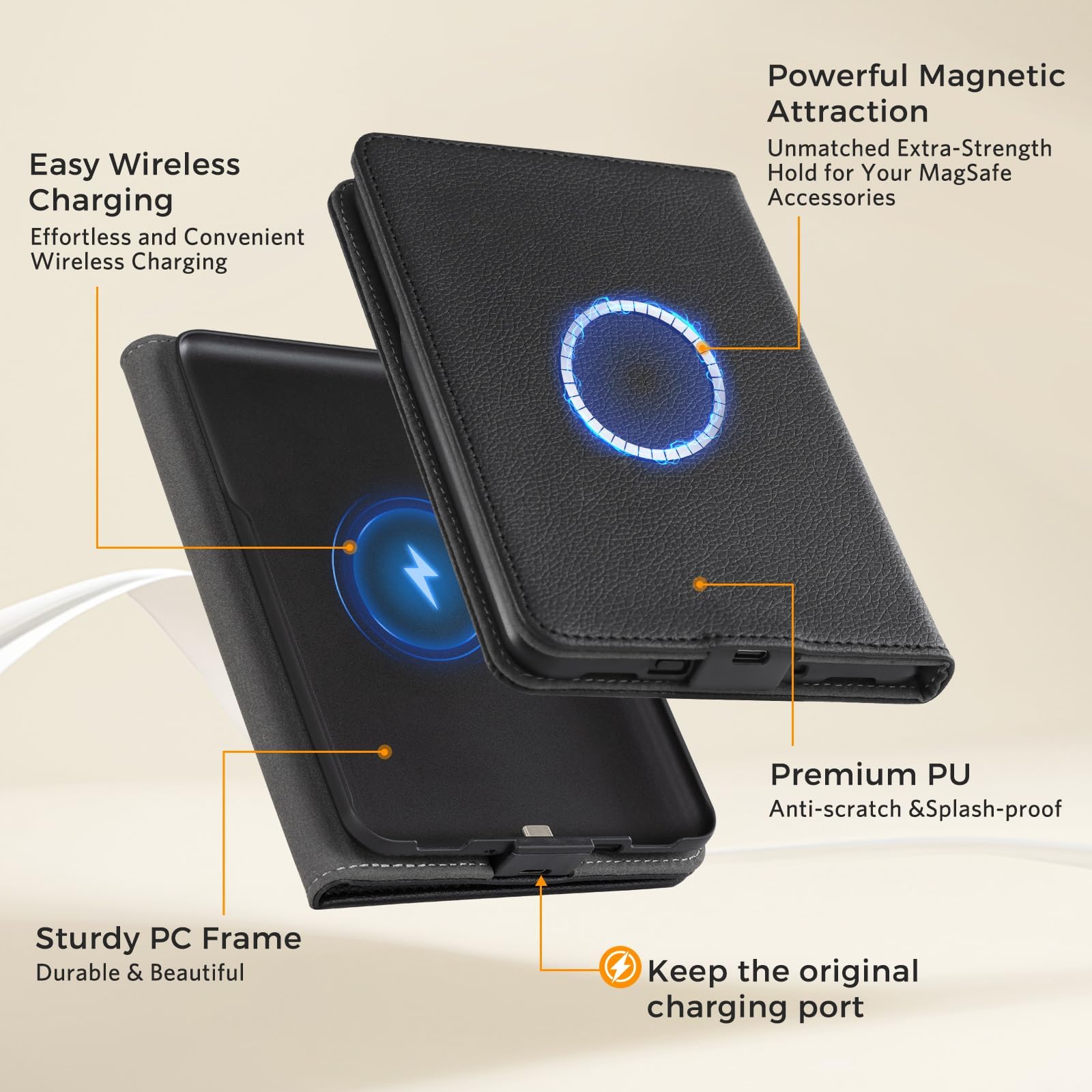 CoBak Wireless Charging Case for 6 Inch Kindle 2024 and 2022 (11 GEN) with Stand and Hand Strap - Compatible with iPhone MagSafe, for Samsung/Belkin/Anker Wireless Charging Pads, Auto Sleep Wake