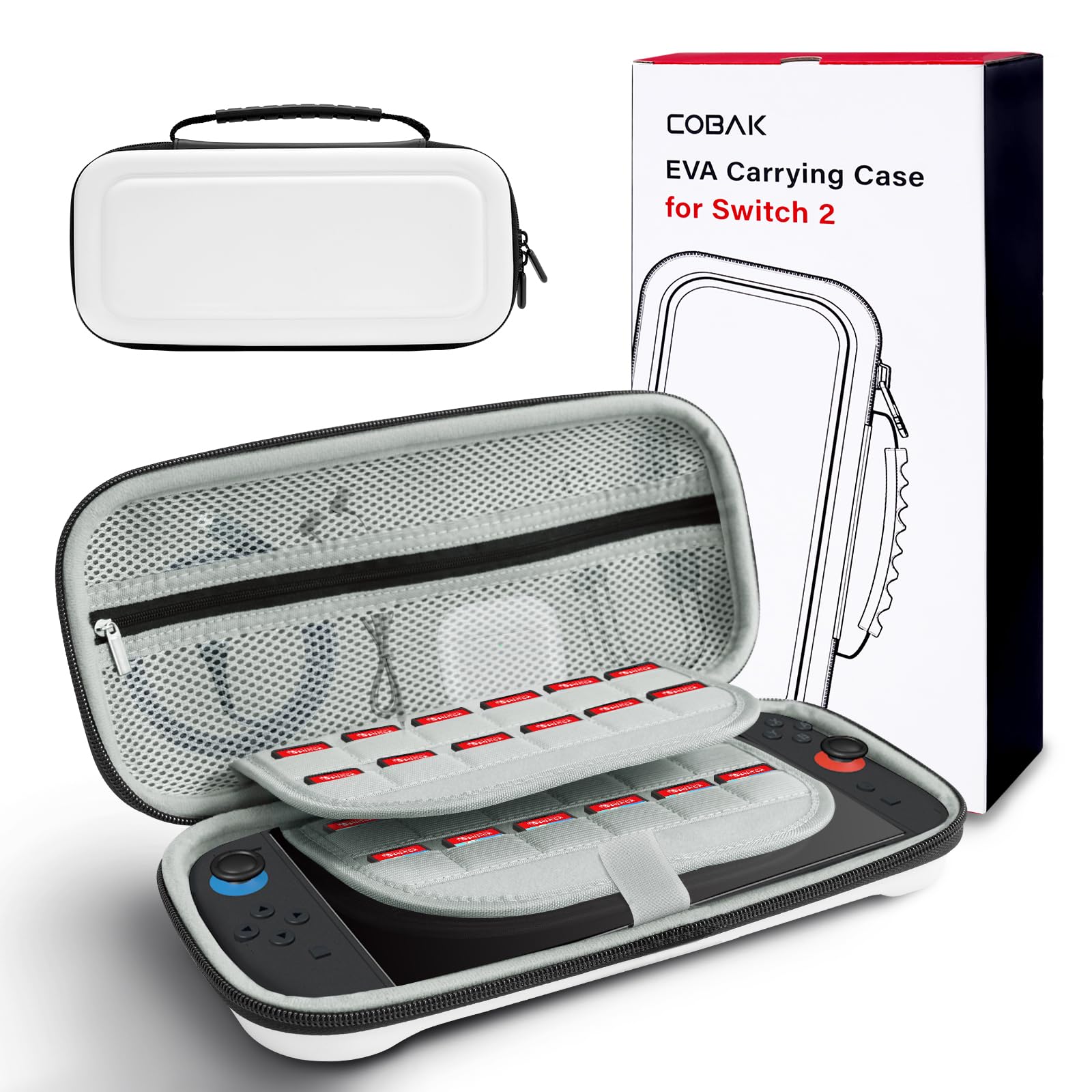CoBak Large Capacity Carrying Case for Nintendo Switch 2 ( 2025 ) , Ultra Slim Premium EVA Travel Pouch with 24 Game Cartridges, Screen Protective Cover, Accessories Storage Bag, White