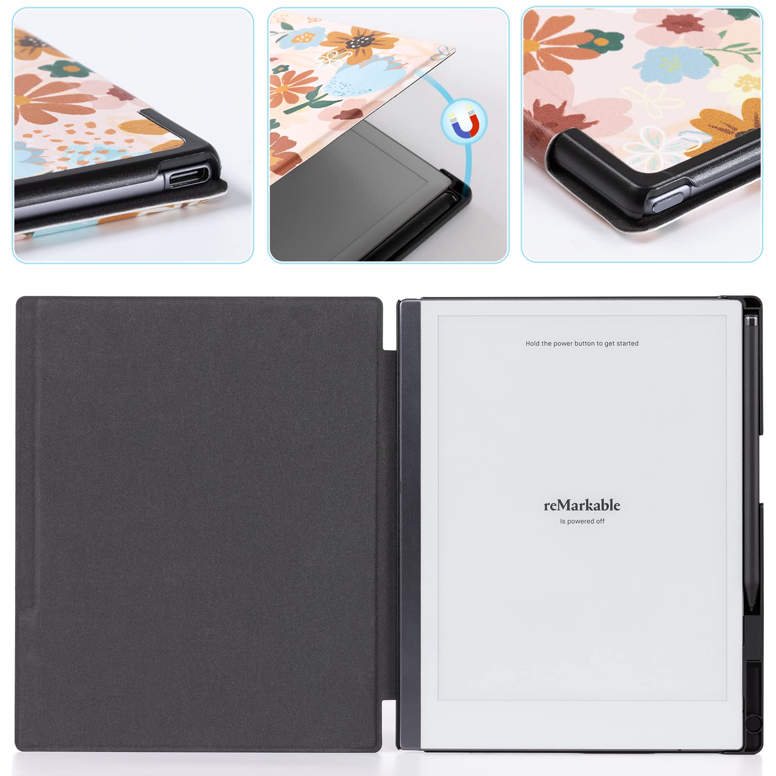 CoBak Case for Remarkable 2 Tablet - Lightweight and Hard Back Shell Protective Book Folio Cover with Built-in Pen Holder - Only for 10.3" 2020 Released (Flowers)