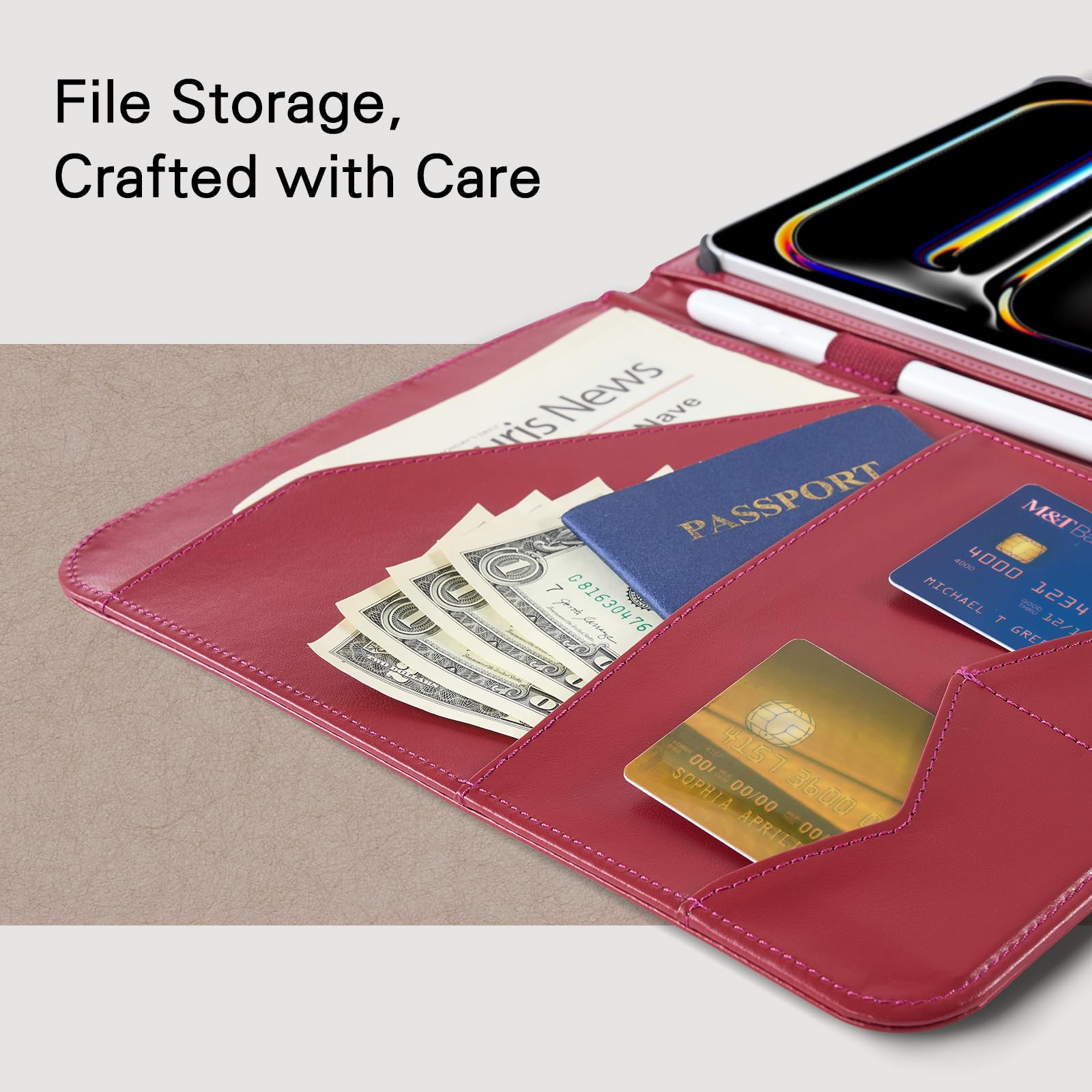 CoBak Premium Leather Case for iPad Pro 11-inch (M4) 2024 (5th Generation), Built-in Folder Storage, Super Magnetic Back, Auto Sleep/Wake Function, Cowhide Red