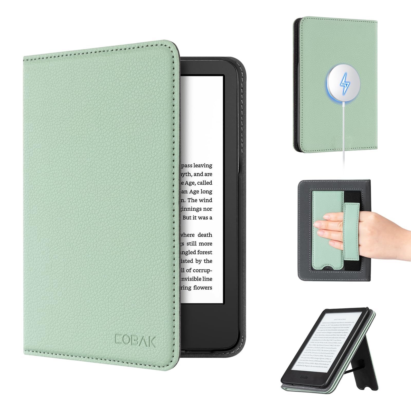CoBak Wireless Charging Case for 6 Inch Kindle 2024 and 2022 (11 GEN) with Stand and Hand Strap - Compatible with iPhone MagSafe, for Samsung/Belkin/Anker Wireless Charging Pads, Auto Sleep Wake, Sage
