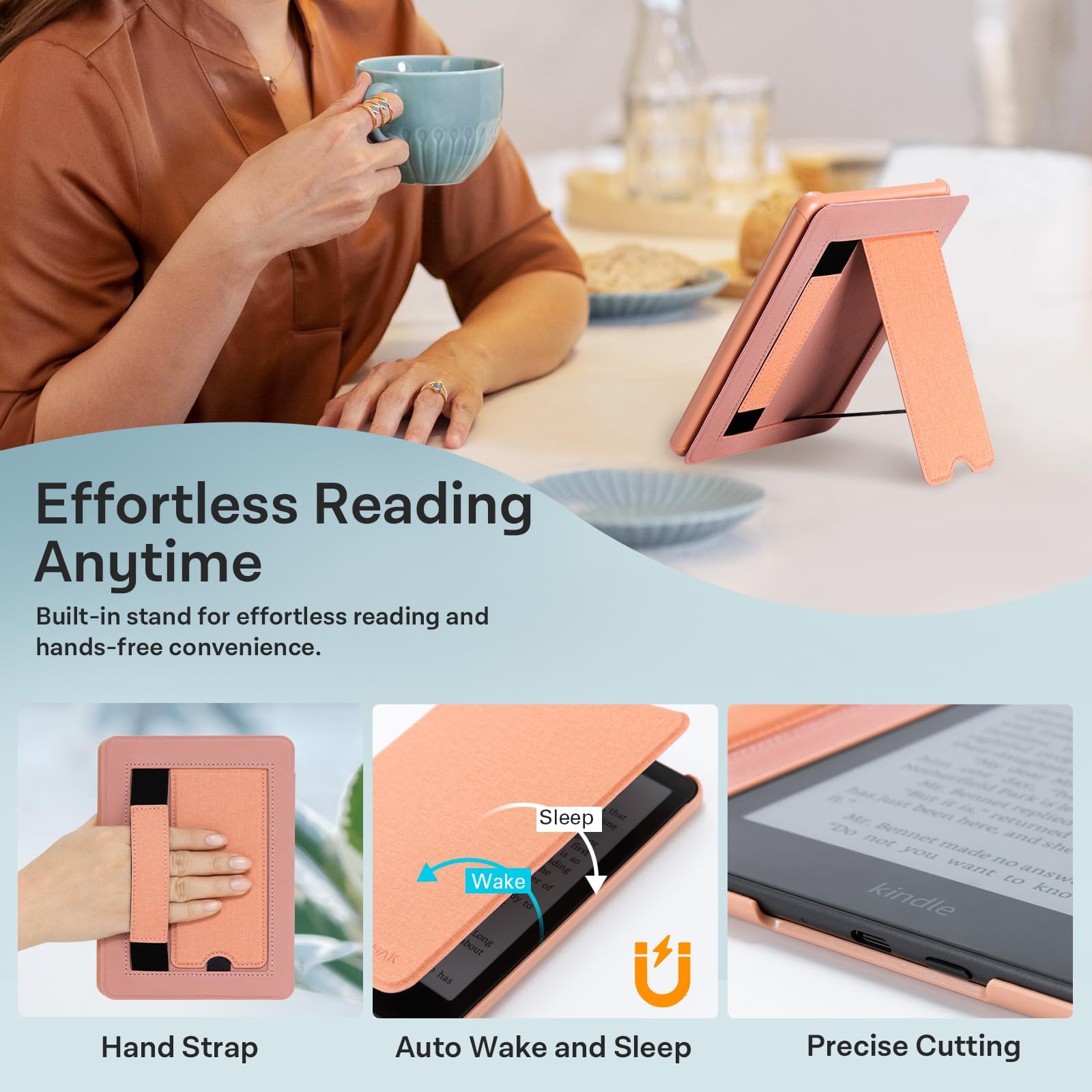 CoBak Lightweight Stand Case for 7" Kindle Paperwhite 12th Gen 2024 and Kindle Colorsoft with Right Hand Strap - Compatible with iPhone MagSafe, for Samsung/Belkin/Anker Wireless Charging Pads