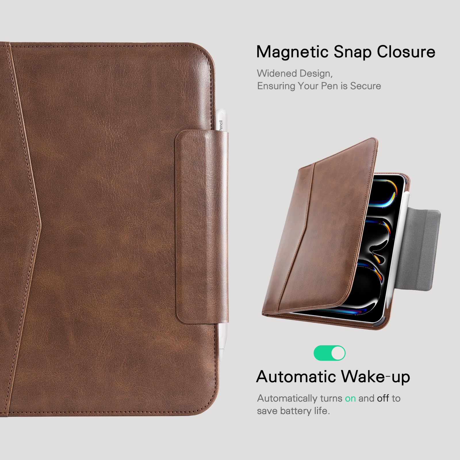 CoBak Premium Leather Case for iPad Pro 11-inch (M4) 2024 (5th Generation), Built-in Folder Storage, Super Magnetic Back, Auto Sleep/Wake Function, Cowhide Brown