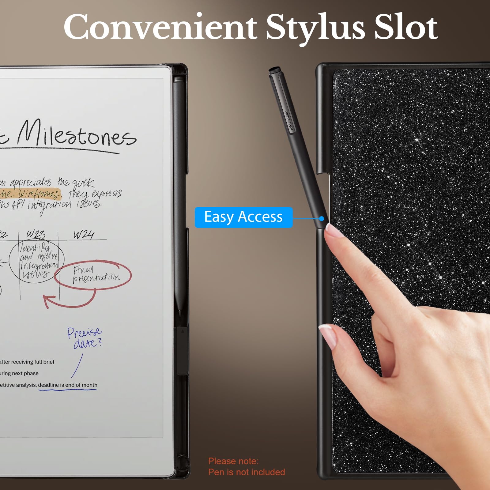 CoBak Case for Remarkable Paper Pro Color Tablet 11.8" 2024 Released- Smart Auto Sleep/Wake Folio Lightweight Protective Cover with Built-in Pen Holder and Nibs Holder (Black Glitter)
