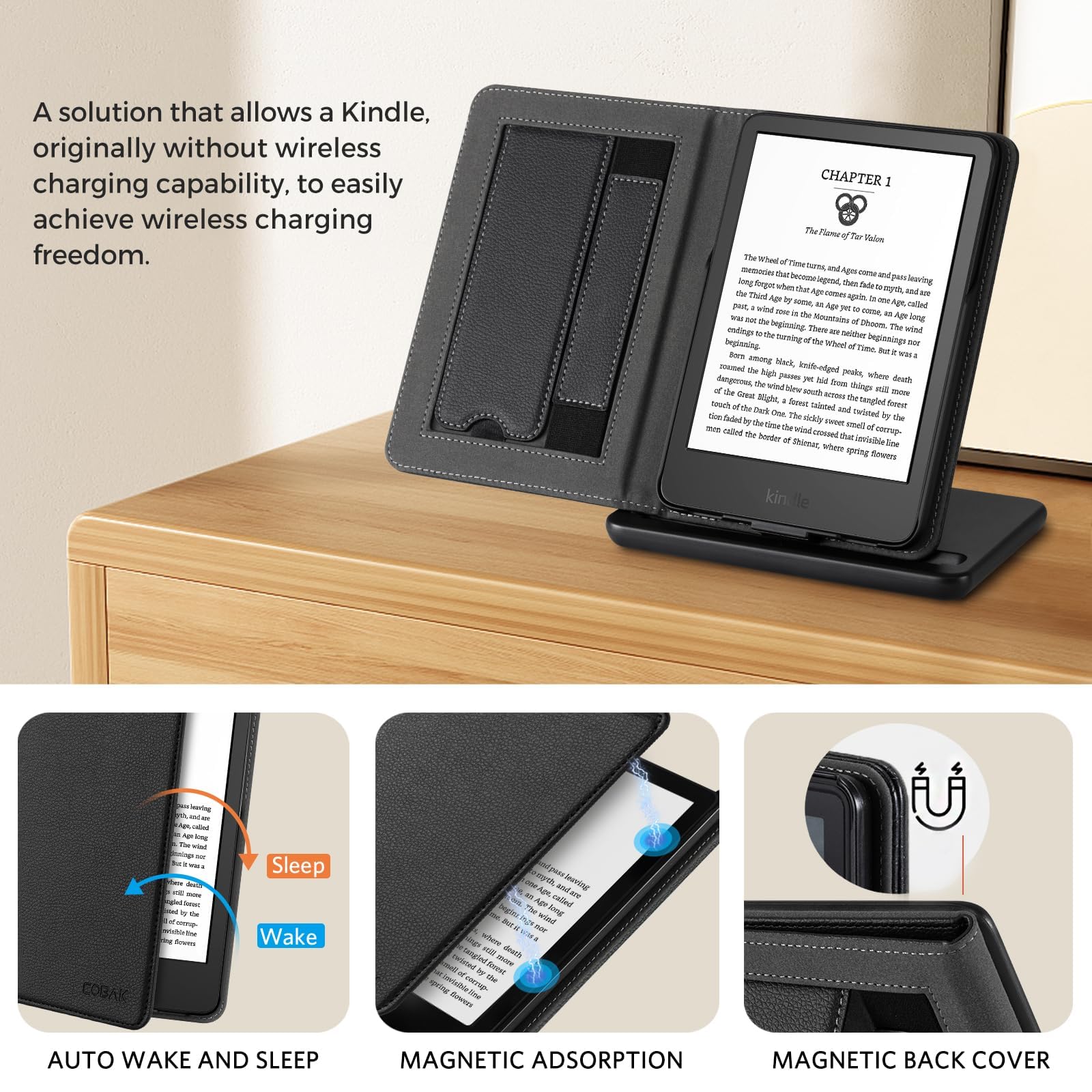CoBak Wireless Charging Case for 6 Inch Kindle 2024 and 2022 (11 GEN) with Stand and Hand Strap - Compatible with iPhone MagSafe, for Samsung/Belkin/Anker Wireless Charging Pads, Auto Sleep Wake