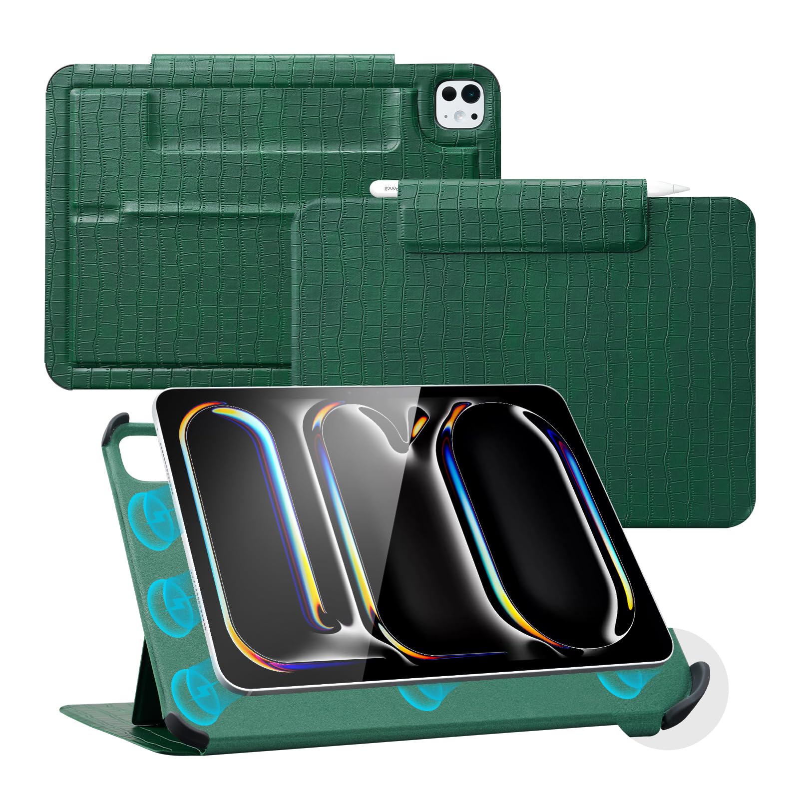 CoBak Magnetic Case with Stand for iPad Pro 11 Inch (M4) 2024, Multiple Viewing Angles, Smart Auto Sleep/Wake Cover with Corner Protection with Apple Pencil Holder Strap, Emerald Croc