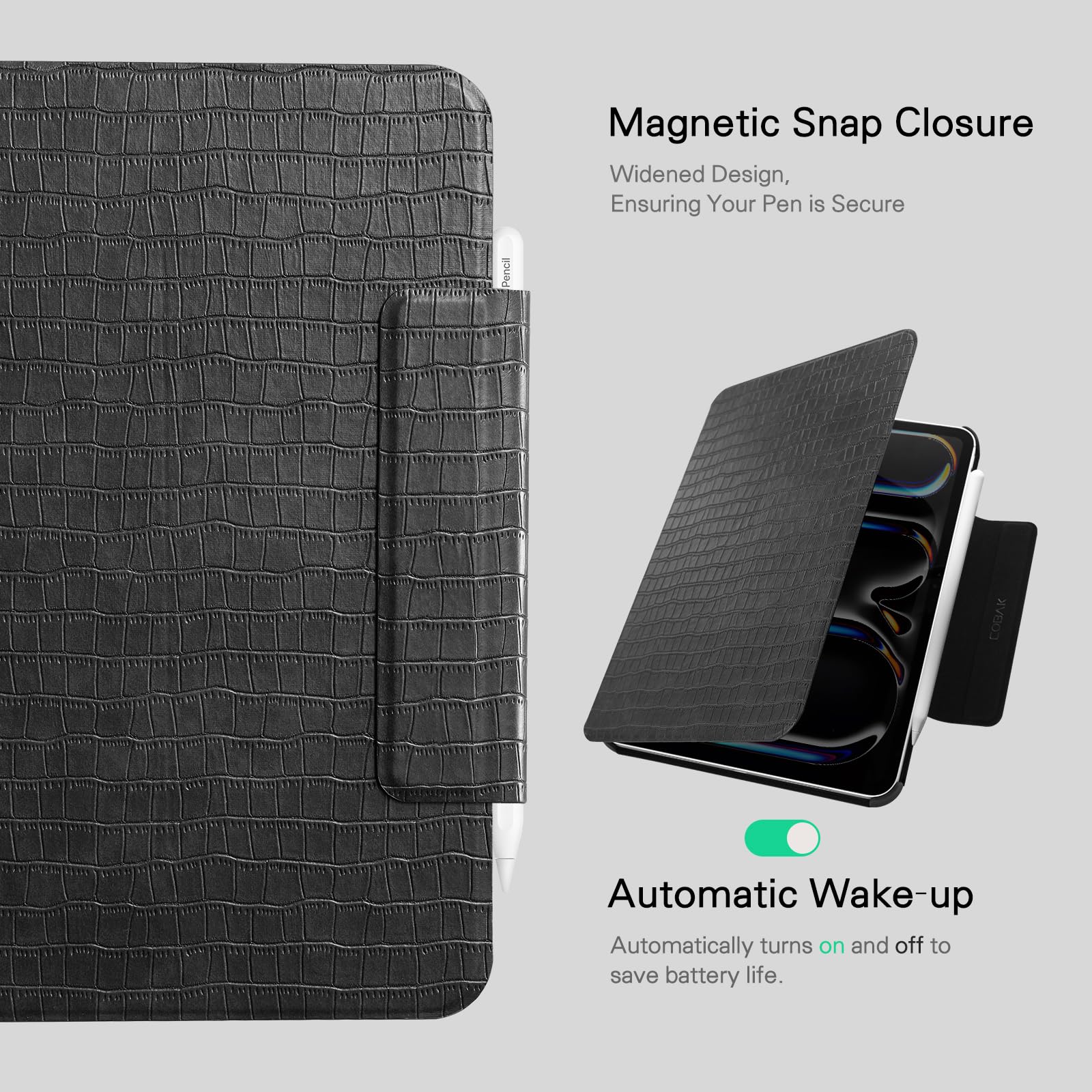 CoBak Magnetic Case with Stand for iPad Pro 11 Inch (M4) 2024, Multiple Viewing Angles, Smart Auto Sleep/Wake Cover with Corner Protection with Apple Pencil Holder Strap, Onyx Croc